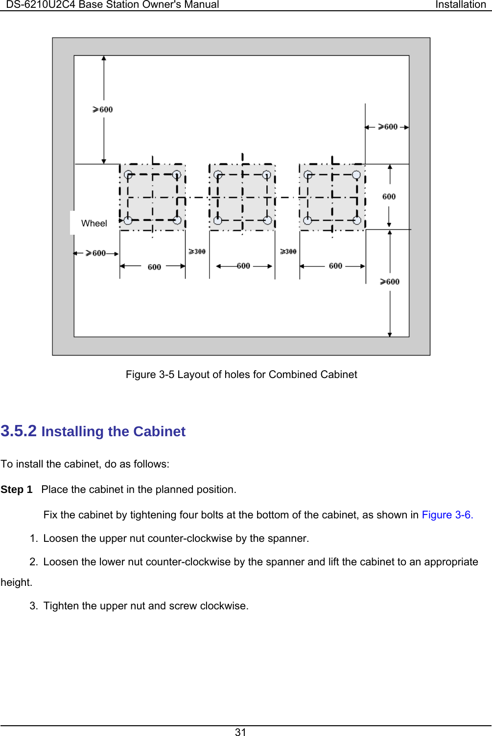 DS-6210U2C4 Base Station Owner&apos;s Manual  Installation 31   Figure 3-5 Layout of holes for Combined Cabinet    3.5.2 Installing the Cabinet   To install the cabinet, do as follows:   Step 1  Place the cabinet in the planned position. Fix the cabinet by tightening four bolts at the bottom of the cabinet, as shown in Figure 3-6.   1.  Loosen the upper nut counter-clockwise by the spanner.   2.  Loosen the lower nut counter-clockwise by the spanner and lift the cabinet to an appropriate height.  3.  Tighten the upper nut and screw clockwise.     Wheel 