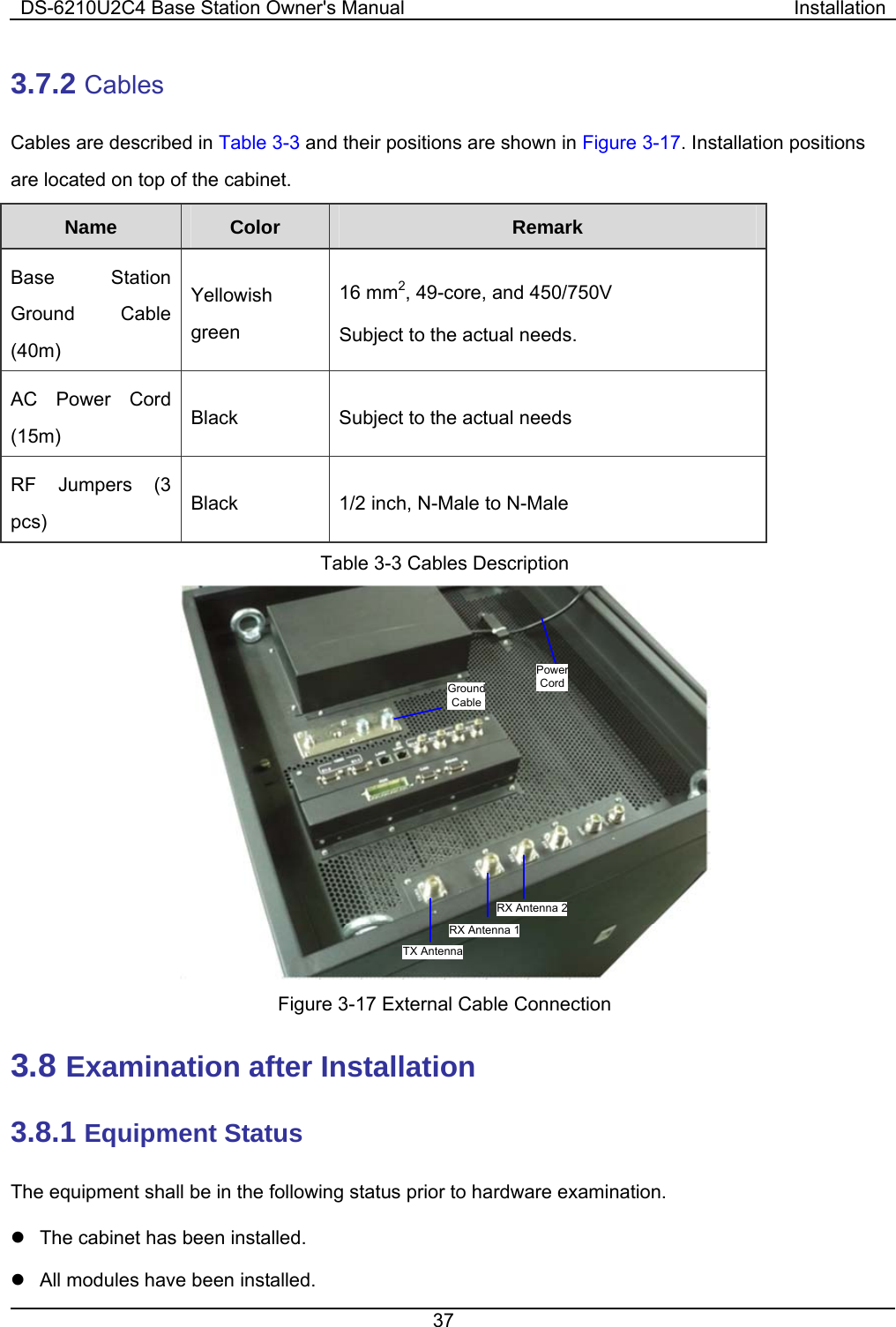 DS-6210U2C4 Base Station Owner&apos;s Manual  Installation 37  3.7.2 Cables Cables are described in Table 3-3 and their positions are shown in Figure 3-17. Installation positions are located on top of the cabinet. Name   Color  Remark  Base Station Ground Cable (40m) Yellowish green 16 mm2, 49-core, and 450/750V Subject to the actual needs.   AC Power Cord (15m) Black  Subject to the actual needs RF Jumpers (3 pcs) Black  1/2 inch, N-Male to N-Male Table 3-3 Cables Description   Power CordTX AntennaRX Antenna 1RX Antenna 2Ground Cable Figure 3-17 External Cable Connection   3.8 Examination after Installation 3.8.1 Equipment Status The equipment shall be in the following status prior to hardware examination.   z  The cabinet has been installed.   z  All modules have been installed.   