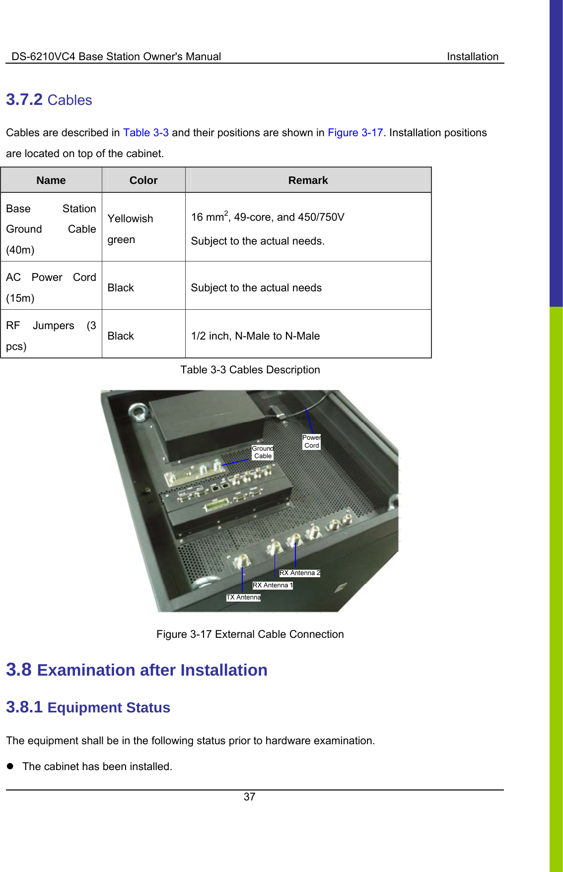DS-6210VC4 Base Station Owner&apos;s Manual  Installation 37  3.7.2 Cables Cables are described in Table 3-3 and their positions are shown in Figure 3-17. Installation positions are located on top of the cabinet. Name   Color  Remark  Base Station Ground Cable (40m) Yellowish green 16 mm2, 49-core, and 450/750V Subject to the actual needs.   AC Power Cord (15m) Black  Subject to the actual needs RF Jumpers (3 pcs) Black  1/2 inch, N-Male to N-Male Table 3-3 Cables Description    Figure 3-17 External Cable Connection   3.8 Examination after Installation 3.8.1 Equipment Status The equipment shall be in the following status prior to hardware examination.   z  The cabinet has been installed.   