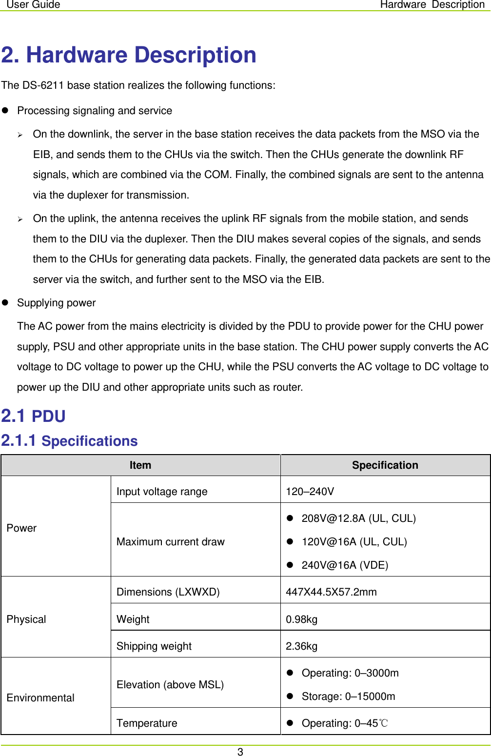 User Guide Hardware Description  3  2. Hardware Description The DS-6211 base station realizes the following functions:  Processing signaling and service  On the downlink, the server in the base station receives the data packets from the MSO via the EIB, and sends them to the CHUs via the switch. Then the CHUs generate the downlink RF signals, which are combined via the COM. Finally, the combined signals are sent to the antenna via the duplexer for transmission.  On the uplink, the antenna receives the uplink RF signals from the mobile station, and sends them to the DIU via the duplexer. Then the DIU makes several copies of the signals, and sends them to the CHUs for generating data packets. Finally, the generated data packets are sent to the server via the switch, and further sent to the MSO via the EIB.  Supplying power The AC power from the mains electricity is divided by the PDU to provide power for the CHU power supply, PSU and other appropriate units in the base station. The CHU power supply converts the AC voltage to DC voltage to power up the CHU, while the PSU converts the AC voltage to DC voltage to power up the DIU and other appropriate units such as router.   2.1 PDU 2.1.1 Specifications Item Specification Power Input voltage range 120–240V Maximum current draw  208V@12.8A (UL, CUL)  120V@16A (UL, CUL)   240V@16A (VDE) Physical Dimensions (LXWXD) 447X44.5X57.2mm Weight 0.98kg Shipping weight 2.36kg Environmental Elevation (above MSL)  Operating: 0–3000m  Storage: 0–15000m Temperature  Operating: 0–45℃ 