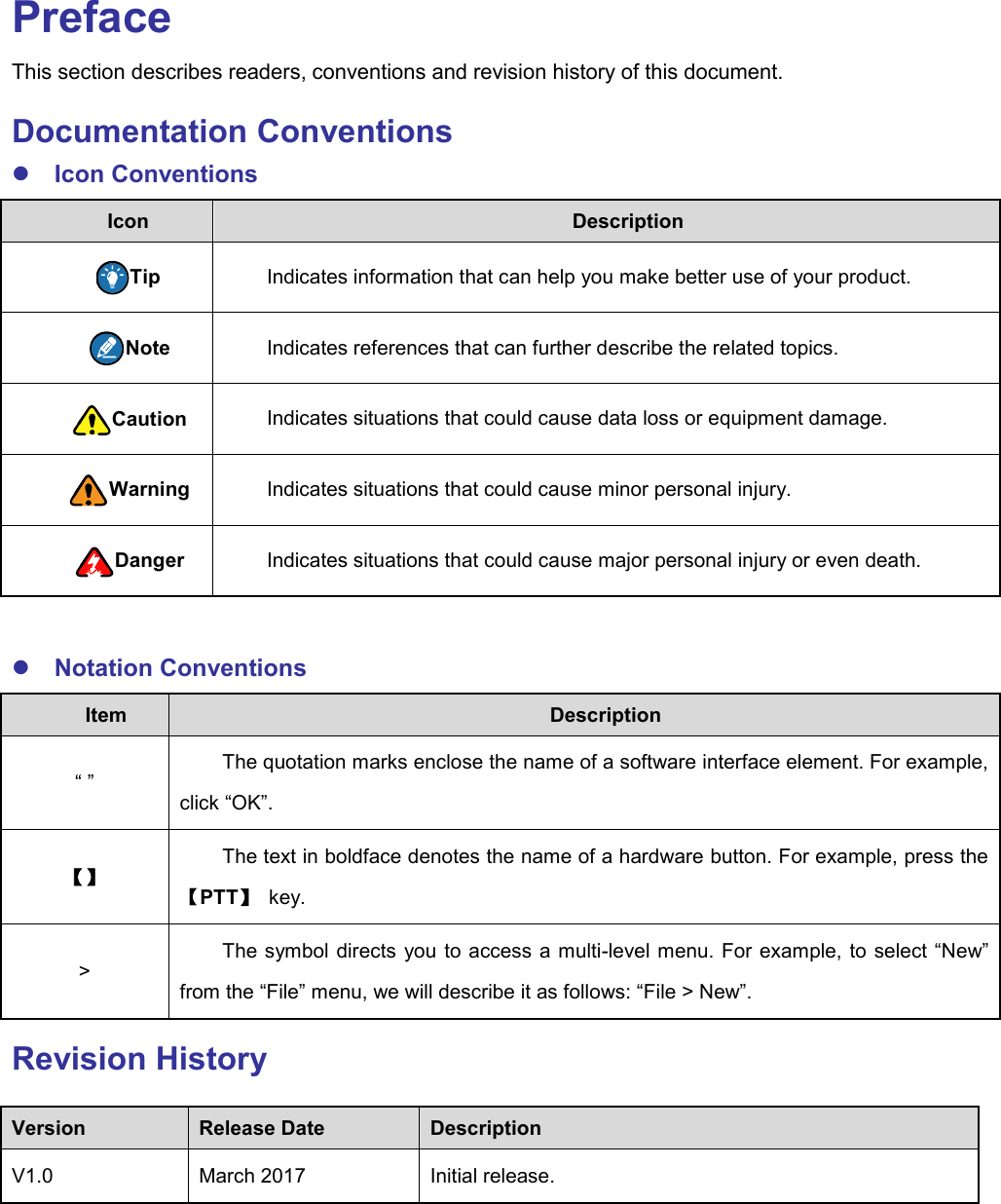   Preface This section describes readers, conventions and revision history of this document.   Documentation Conventions  Icon Conventions Icon Description Tip Indicates information that can help you make better use of your product. Note   Indicates references that can further describe the related topics.   Caution Indicates situations that could cause data loss or equipment damage. Warning Indicates situations that could cause minor personal injury. Danger Indicates situations that could cause major personal injury or even death.   Notation Conventions Item Description “ ” The quotation marks enclose the name of a software interface element. For example, click “OK”. 【】 The text in boldface denotes the name of a hardware button. For example, press the 【PTT】  key.   &gt; The symbol directs  you to access a multi-level menu. For example, to select “New” from the “File” menu, we will describe it as follows: “File &gt; New”. Revision History Version Release Date Description V1.0 March 2017 Initial release. 