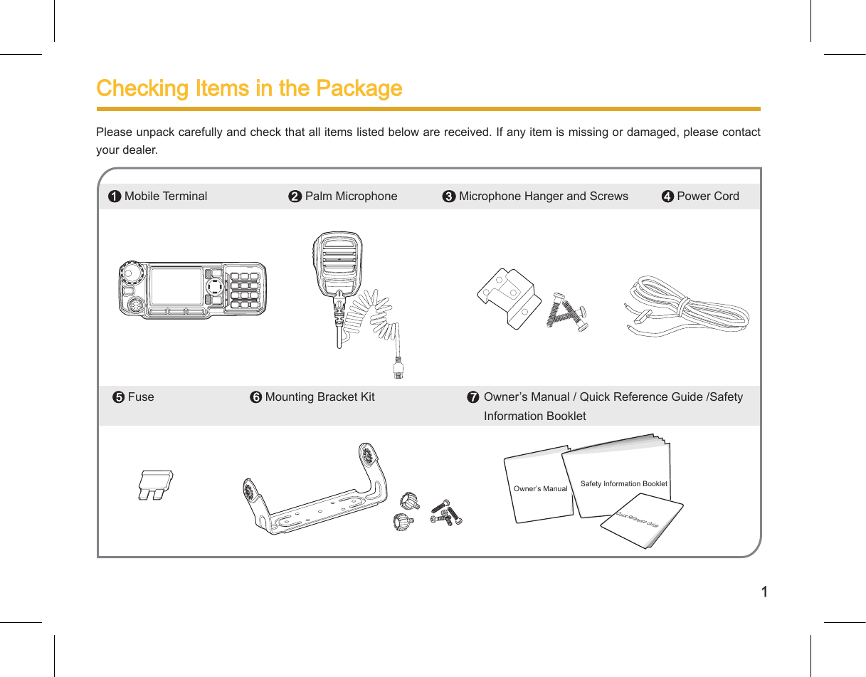 Checking Items in the PackagePlease unpack carefully and check that all items listed below are received. If any item is missing or damaged, please contact your dealer. 1 Mobile Terminal                           Palm Microphone                Microphone Hanger and Screws            Power Cord             Fuse                               Mounting Bracket Kit                               Owner’s Manual / Quick Reference Guide /Safety                                                  Information Booklet  Safety Information BookletOwner’s ManualQuick Reference Guide                                                                                                                                                                           
