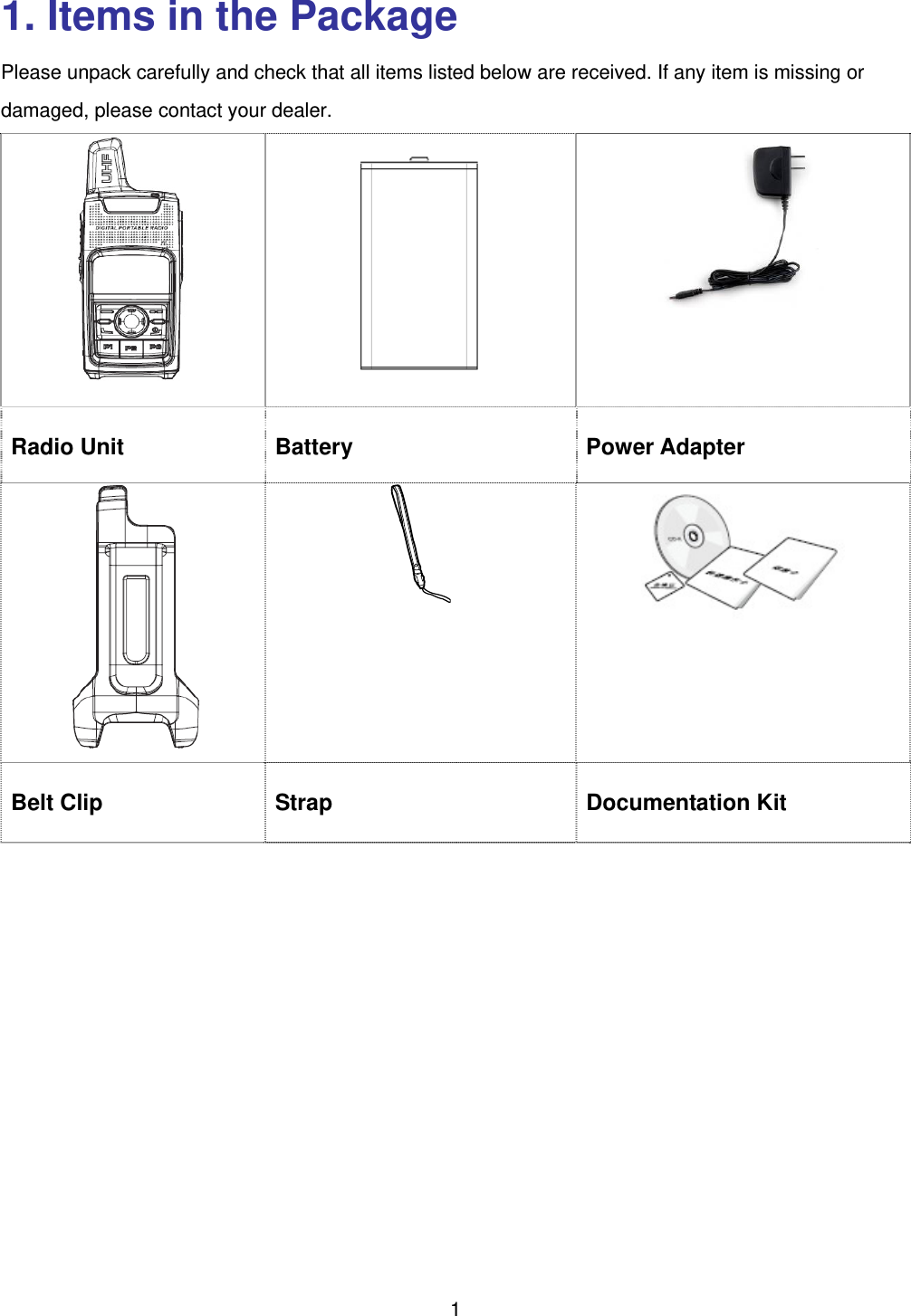  1  1. Items in the Package Please unpack carefully and check that all items listed below are received. If any item is missing or damaged, please contact your dealer.      Radio Unit  Battery  Power Adapter    Belt Clip  Strap  Documentation Kit  