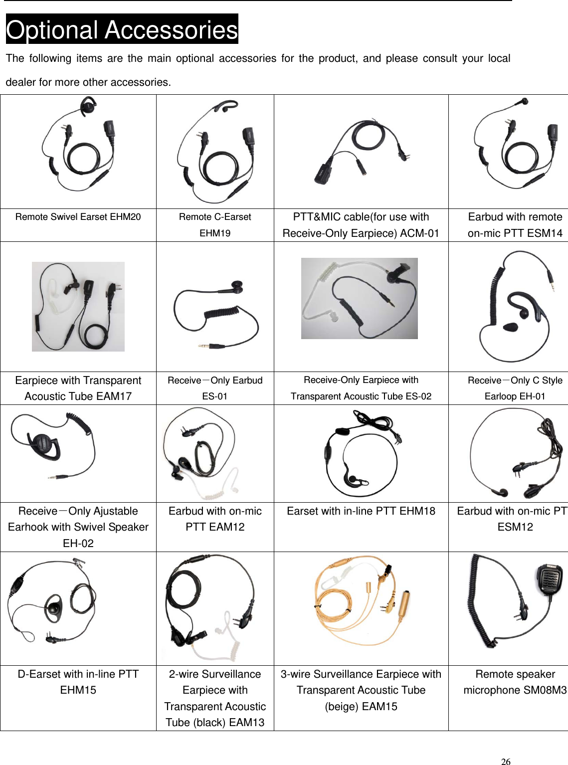                                                                                                              26Optional Accessories The following items are the main optional accessories for the product, and please consult your local dealer for more other accessories.     Remote Swivel Earset EHM20 Remote C-Earset   EHM19 PTT&amp;MIC cable(for use with Receive-Only Earpiece) ACM-01 Earbud with remote on-mic PTT ESM14         Earpiece with Transparent Acoustic Tube EAM17 Receive－Only Earbud   ES-01 Receive-Only Earpiece with Transparent Acoustic Tube ES-02 Receive－Only C Style Earloop EH-01   Receive－Only Ajustable Earhook with Swivel Speaker EH-02 Earbud with on-mic PTT EAM12 Earset with in-line PTT EHM18  Earbud with on-mic PTTESM12   D-Earset with in-line PTT EHM15 2-wire Surveillance Earpiece with Transparent Acoustic Tube (black) EAM133-wire Surveillance Earpiece with Transparent Acoustic Tube (beige) EAM15 Remote speaker microphone SM08M3