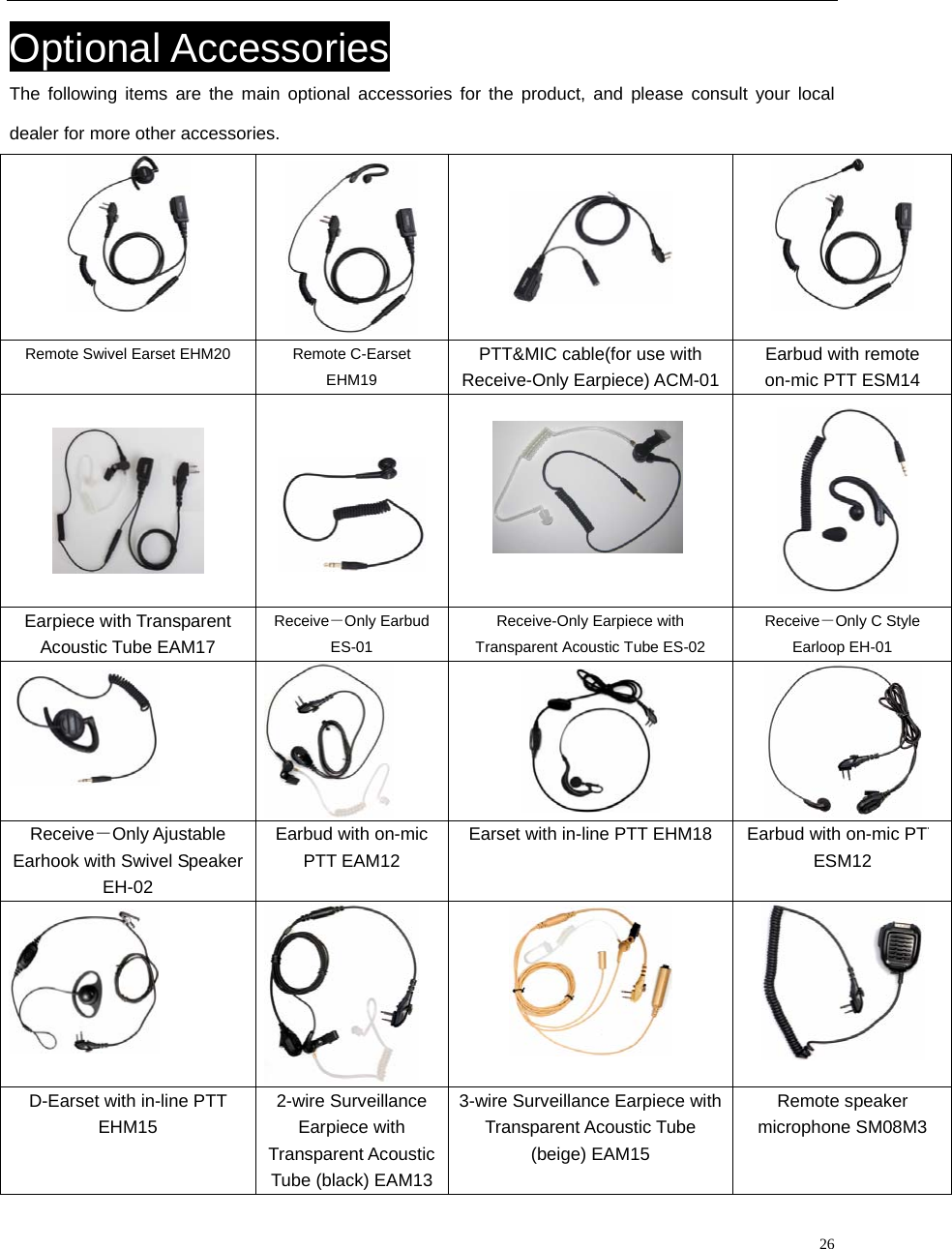                                                                                                             26Optional Accessories The following items are the main optional accessories for the product, and please consult your local dealer for more other accessories.     Remote Swivel Earset EHM20 Remote C-Earset   EHM19 PTT&amp;MIC cable(for use with Receive-Only Earpiece) ACM-01Earbud with remote on-mic PTT ESM14         Earpiece with Transparent Acoustic Tube EAM17 Receive－Only Earbud   ES-01 Receive-Only Earpiece with Transparent Acoustic Tube ES-02 Receive－Only C Style Earloop EH-01    Receive－Only Ajustable Earhook with Swivel Speaker EH-02 Earbud with on-mic PTT EAM12 Earset with in-line PTT EHM18  Earbud with on-mic PTTESM12    D-Earset with in-line PTT EHM15 2-wire Surveillance Earpiece with Transparent Acoustic Tube (black) EAM133-wire Surveillance Earpiece with Transparent Acoustic Tube (beige) EAM15 Remote speaker microphone SM08M3