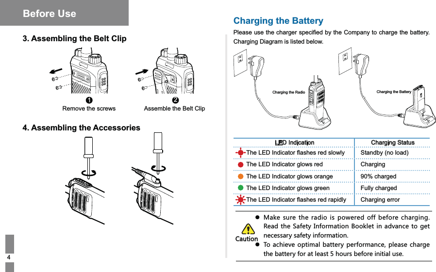 Before Use Charging the BatteryCharging Diagram is listed below.         LD Indication Charging tatus    Charging    Fully charged   Charging error3. Assembling the Belt Clip4. Assembling the Accessories2Remove the screws                 Assemble the Belt ClipCharging the Radio Charging the Battery)G[ZOUTƽ3GQKY[XKZNKXGJOUOY VU]KXKJULLHKLUXKINGXMOTM8KGJZNK9GLKZ_/TLUXSGZOUT(UUQRKZ OTGJ\GTIKZUMKZTKIKYYGX_YGLKZ_OTLUXSGZOUTƽ:UGINOK\KUVZOSGR HGZZKX_VKXLUXSGTIKVRKGYKINGXMKZNKHGZZKX_LUXGZRKGYZNU[XYHKLUXKOTOZOGR[YK