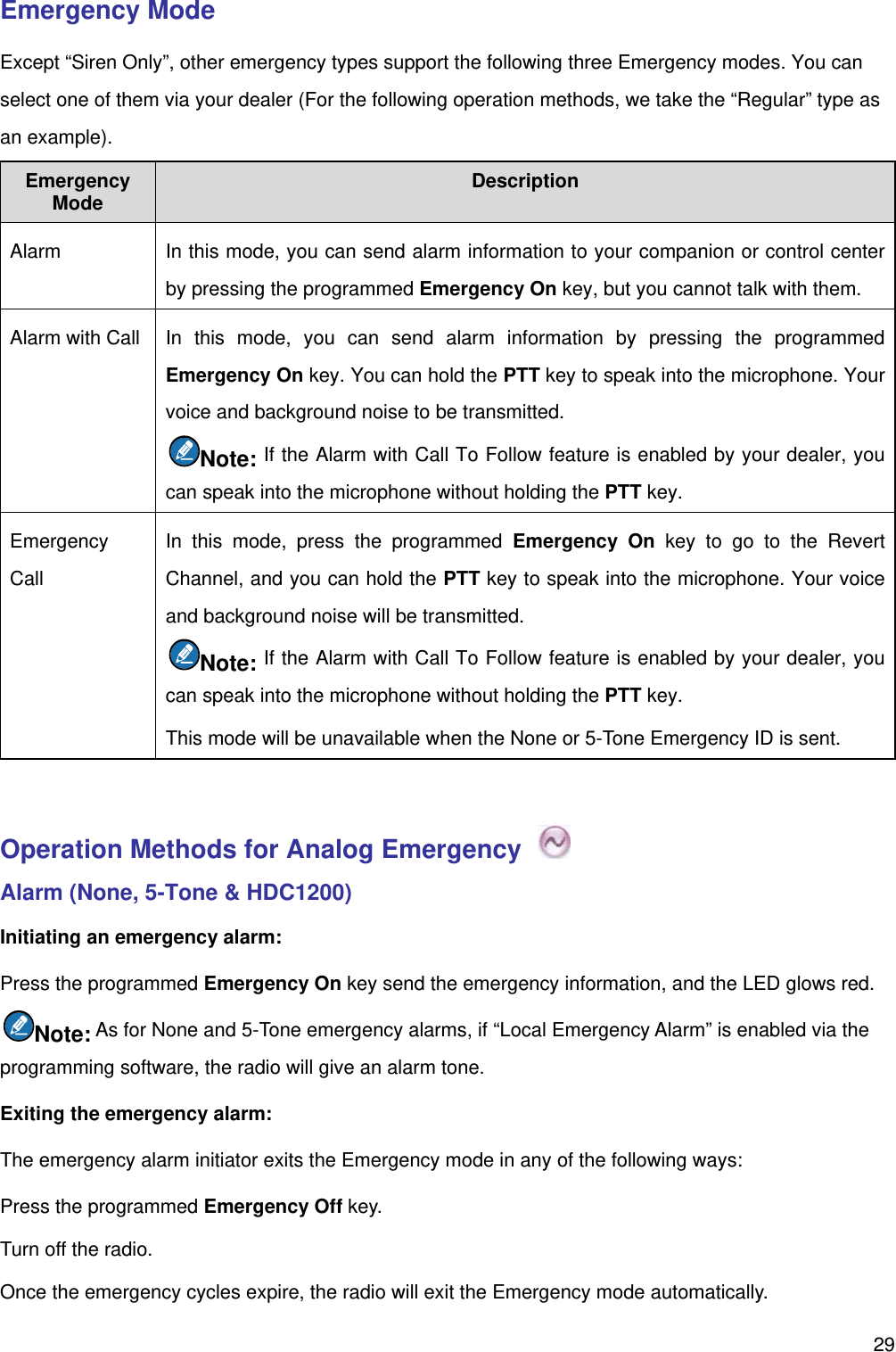   29Emergency Mode Except “Siren Only”, other emergency types support the following three Emergency modes. You can select one of them via your dealer (For the following operation methods, we take the “Regular” type as an example). Emergency Mode Description Alarm    In this mode, you can send alarm information to your companion or control center by pressing the programmed Emergency On key, but you cannot talk with them. Alarm with Call   In this mode, you can send alarm information by pressing the programmed Emergency On key. You can hold the PTT key to speak into the microphone. Your voice and background noise to be transmitted.   Note: If the Alarm with Call To Follow feature is enabled by your dealer, you can speak into the microphone without holding the PTT key.   Emergency Call In this mode, press the programmed Emergency On key to go to the Revert Channel, and you can hold the PTT key to speak into the microphone. Your voice and background noise will be transmitted.   Note: If the Alarm with Call To Follow feature is enabled by your dealer, you can speak into the microphone without holding the PTT key.   This mode will be unavailable when the None or 5-Tone Emergency ID is sent.    Operation Methods for Analog Emergency   Alarm (None, 5-Tone &amp; HDC1200) Initiating an emergency alarm:   Press the programmed Emergency On key send the emergency information, and the LED glows red.   Note: As for None and 5-Tone emergency alarms, if “Local Emergency Alarm” is enabled via the programming software, the radio will give an alarm tone.   Exiting the emergency alarm:   The emergency alarm initiator exits the Emergency mode in any of the following ways: Press the programmed Emergency Off key.   Turn off the radio.   Once the emergency cycles expire, the radio will exit the Emergency mode automatically.   