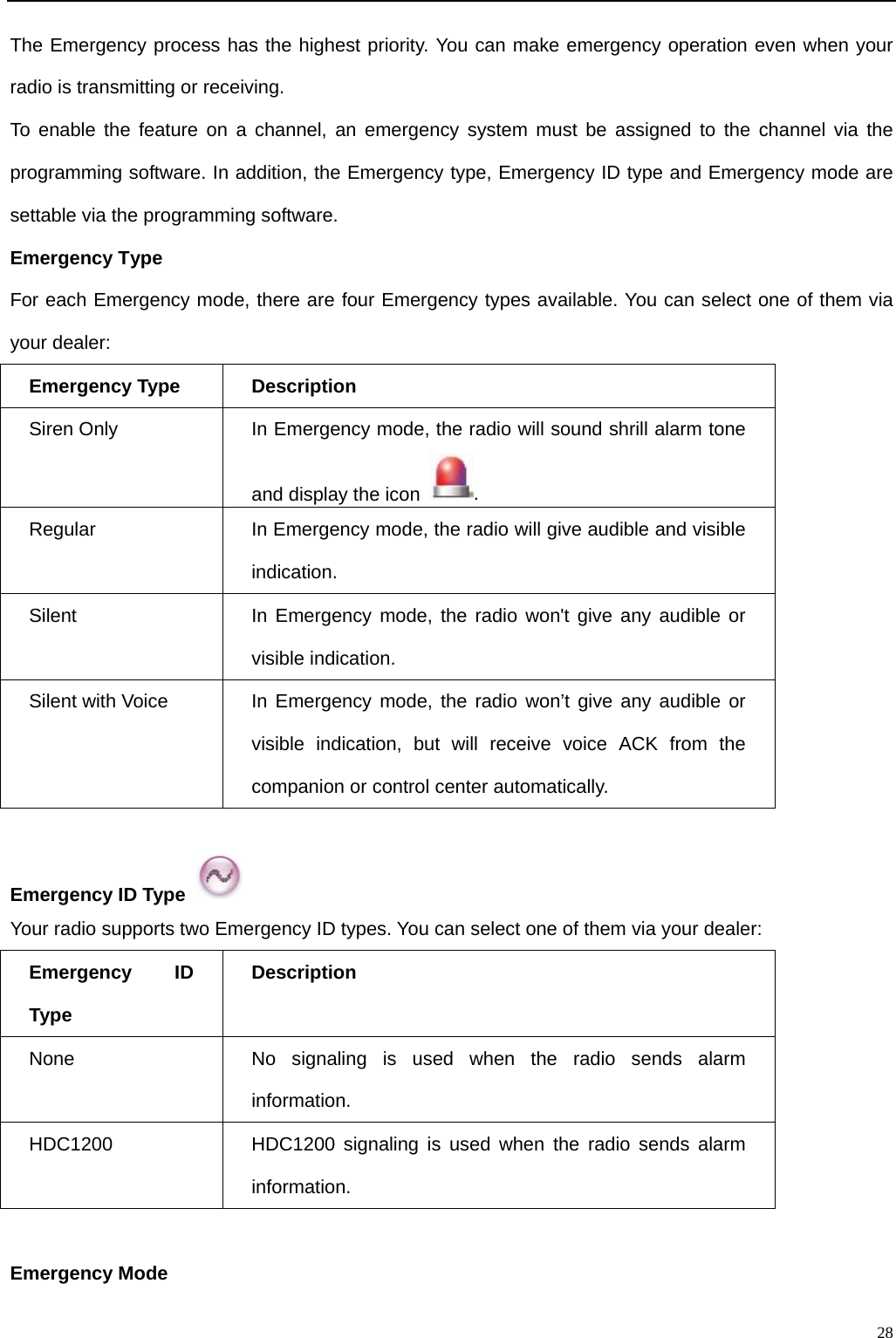                                                                                                            The Emergency process has the highest priority. You can make emergency operation even when your radio is transmitting or receiving.   To enable the feature on a channel, an emergency system must be assigned to the channel via the programming software. In addition, the Emergency type, Emergency ID type and Emergency mode are settable via the programming software.   Emergency Type For each Emergency mode, there are four Emergency types available. You can select one of them via your dealer:   Emergency Type Description Siren Only In Emergency mode, the radio will sound shrill alarm tone and display the icon  .   Regular In Emergency mode, the radio will give audible and visible indication.   Silent In Emergency mode, the radio won&apos;t give any audible or visible indication.   Silent with Voice In Emergency mode, the radio won’t give any audible or visible indication, but will receive voice ACK from the companion or control center automatically.    Emergency ID Type   Your radio supports two Emergency ID types. You can select one of them via your dealer:   Emergency ID Type Description None No signaling is used when the radio sends alarm information. HDC1200 HDC1200 signaling is used when the radio sends alarm information.  Emergency Mode   28