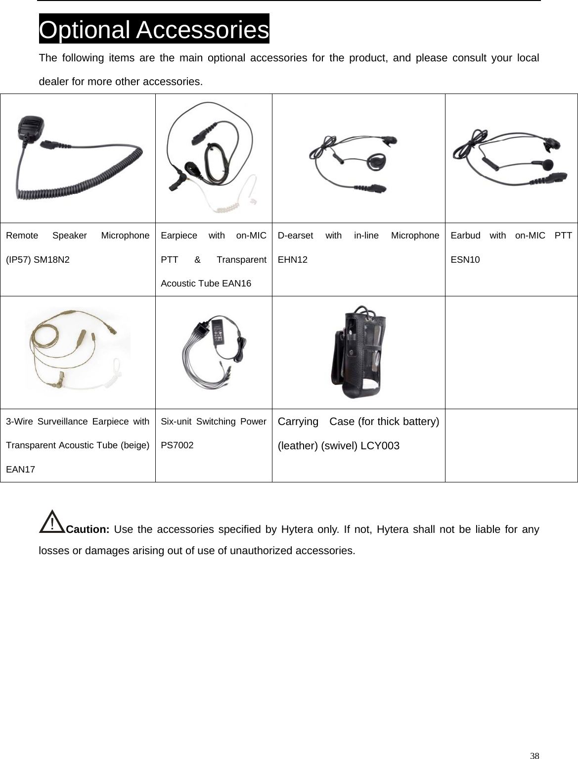                                                                                                            Optional Accessories The following items are the main optional accessories for the product, and please consult your local dealer for more other accessories.  Remote Speaker Microphone (IP57) SM18N2   Earpiece with on-MIC PTT &amp; Transparent Acoustic Tube EAN16   D-earset with in-line Microphone EHN12 Earbud with on-MIC PTT ESN10        Carrying    Case (for thick battery) (leather) (swivel) LCY003 3-Wire Surveillance Earpiece with Transparent Acoustic Tube (beige) EAN17 Six-unit Switching Power PS7002    Caution: Use the accessories specified by Hytera only. If not, Hytera shall not be liable for any losses or damages arising out of use of unauthorized accessories.               38