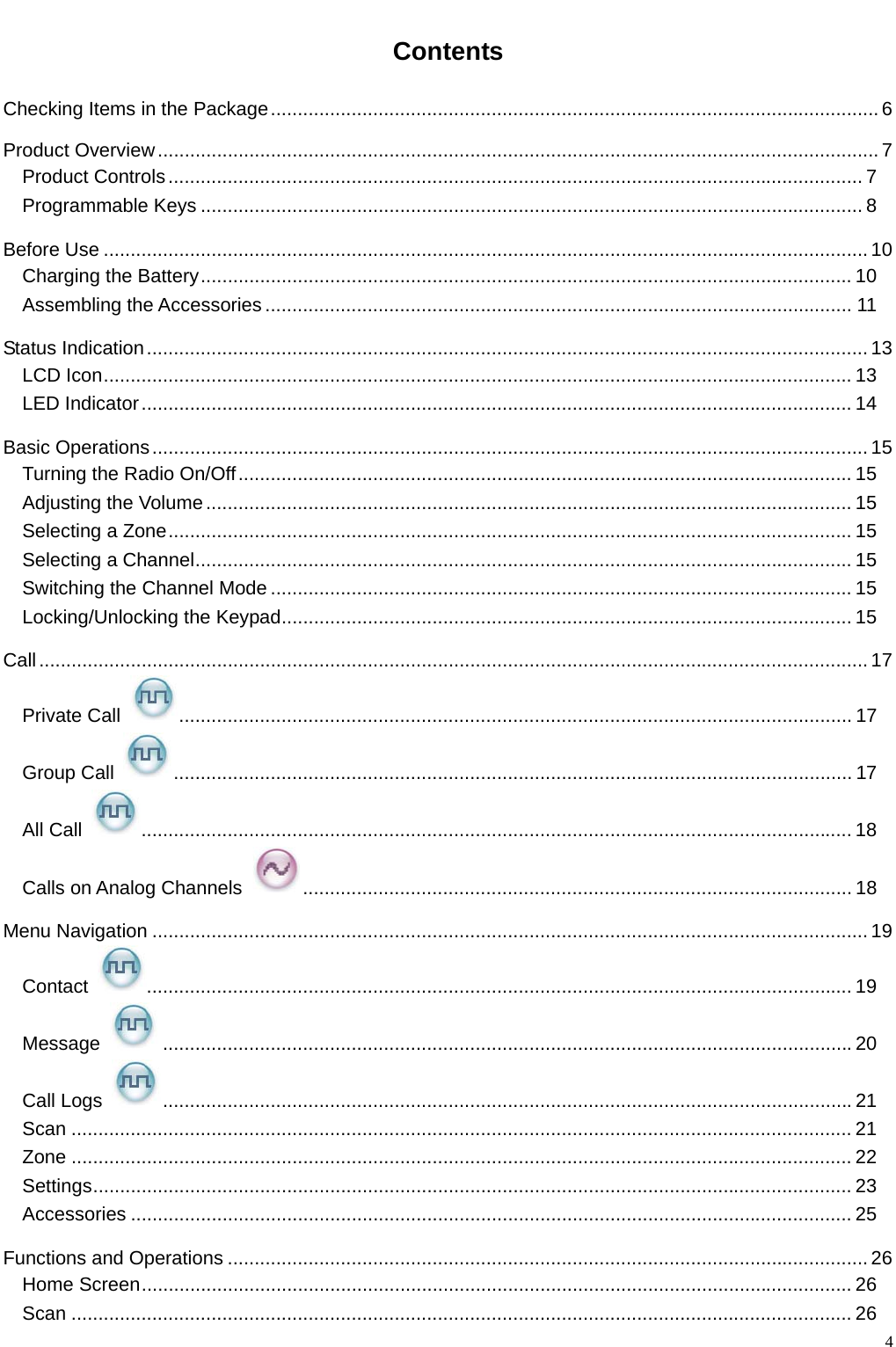                                                                                                            Contents Checking Items in the Package.................................................................................................................6 Product Overview......................................................................................................................................7 Product Controls................................................................................................................................. 7 Programmable Keys ........................................................................................................................... 8 Before Use .............................................................................................................................................. 10 Charging the Battery......................................................................................................................... 10 Assembling the Accessories ............................................................................................................. 11 Status Indication......................................................................................................................................13 LCD Icon........................................................................................................................................... 13 LED Indicator.................................................................................................................................... 14 Basic Operations.....................................................................................................................................15 Turning the Radio On/Off.................................................................................................................. 15 Adjusting the Volume........................................................................................................................ 15 Selecting a Zone............................................................................................................................... 15 Selecting a Channel.......................................................................................................................... 15 Switching the Channel Mode ............................................................................................................ 15 Locking/Unlocking the Keypad.......................................................................................................... 15 Call..........................................................................................................................................................17 Private Call  ............................................................................................................................. 17 Group Call  .............................................................................................................................. 17 All Call  .................................................................................................................................... 18 Calls on Analog Channels  ...................................................................................................... 18 Menu Navigation .....................................................................................................................................19 Contact  ................................................................................................................................... 19 Message  ................................................................................................................................ 20 Call Logs  ................................................................................................................................ 21 Scan ................................................................................................................................................. 21 Zone ................................................................................................................................................. 22 Settings............................................................................................................................................. 23 Accessories ...................................................................................................................................... 25 Functions and Operations .......................................................................................................................26 Home Screen.................................................................................................................................... 26 Scan ................................................................................................................................................. 26   4