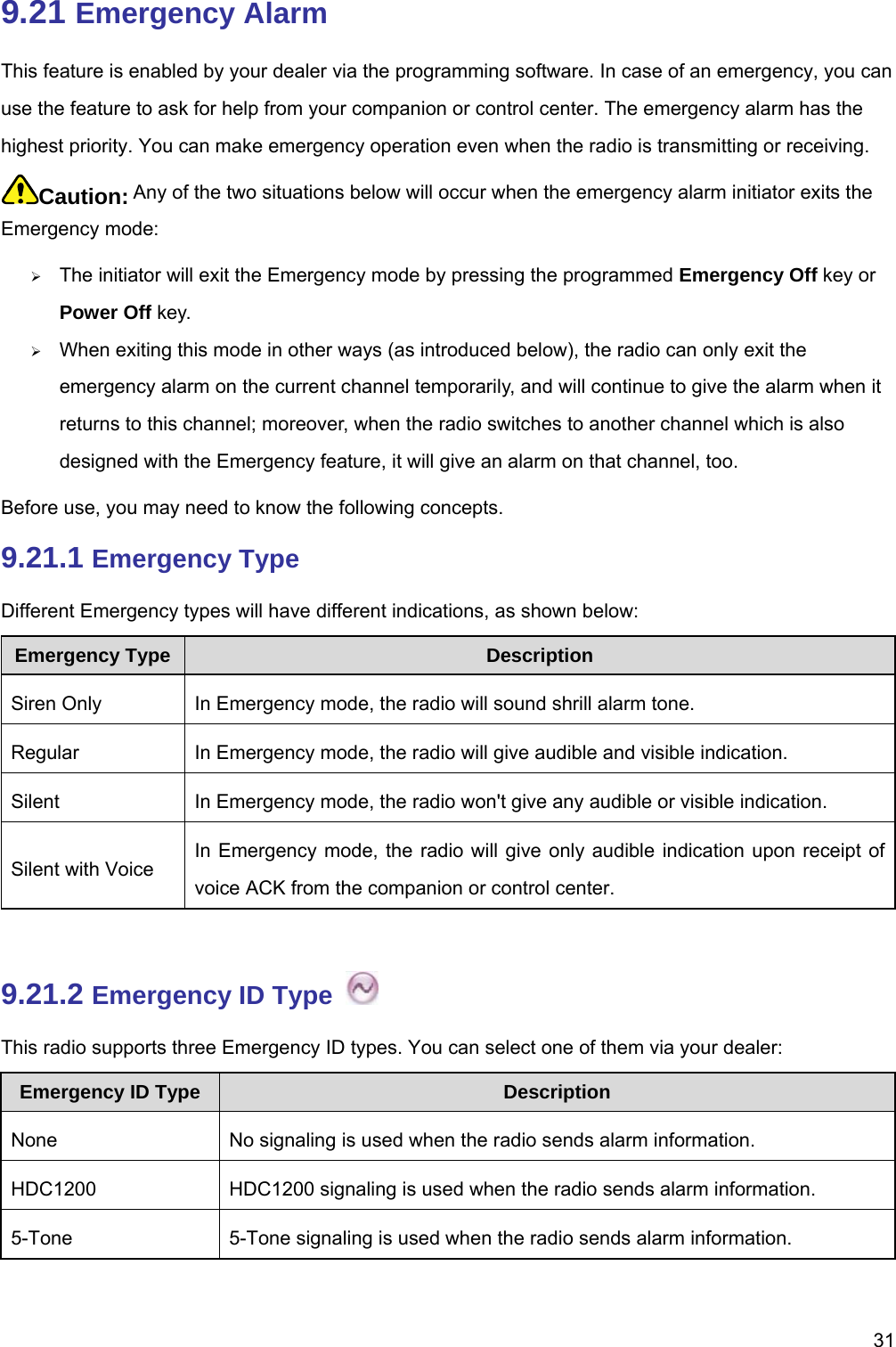   319.21 Emergency Alarm This feature is enabled by your dealer via the programming software. In case of an emergency, you can use the feature to ask for help from your companion or control center. The emergency alarm has the highest priority. You can make emergency operation even when the radio is transmitting or receiving.   Caution: Any of the two situations below will occur when the emergency alarm initiator exits the Emergency mode:   ¾ The initiator will exit the Emergency mode by pressing the programmed Emergency Off key or Power Off key.   ¾ When exiting this mode in other ways (as introduced below), the radio can only exit the emergency alarm on the current channel temporarily, and will continue to give the alarm when it returns to this channel; moreover, when the radio switches to another channel which is also designed with the Emergency feature, it will give an alarm on that channel, too.   Before use, you may need to know the following concepts.   9.21.1 Emergency Type Different Emergency types will have different indications, as shown below:   Emergency Type  Description Siren Only  In Emergency mode, the radio will sound shrill alarm tone.   Regular  In Emergency mode, the radio will give audible and visible indication.   Silent  In Emergency mode, the radio won&apos;t give any audible or visible indication.   Silent with Voice In Emergency mode, the radio will give only audible indication upon receipt of voice ACK from the companion or control center.    9.21.2 Emergency ID Type   This radio supports three Emergency ID types. You can select one of them via your dealer:   Emergency ID Type  Description None  No signaling is used when the radio sends alarm information. HDC1200  HDC1200 signaling is used when the radio sends alarm information. 5-Tone  5-Tone signaling is used when the radio sends alarm information.  