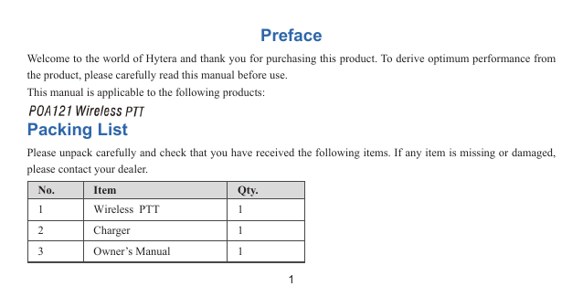 1PrefaceWelcome to the world of Hytera and thank you for purchasing this product. To derive optimum performance from the product, please carefully read this manual before use. This manual is applicable to the following products:Packing ListPlease unpack carefully and check that you have received the following items. If any item is missing or damaged, please contact your dealer.No. Item Qty.1 Wireless  PTT 12 Charger 13 Owner’s Manual 1