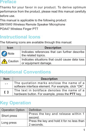1PrefaceThanks for your favor in our product. To derive optimum performance from the product, please read this manual carefully before use. This manual is applicable to the following product:SM15W0 Wireless Remote Speaker MicrophonePOA47 Wireless Finger PTTInstructional IconsThe following icons are available through this manual:Icon Description  Note Indicates references that can further describe the related topics.  Caution Indicates situations that could cause data loss or equipment damage. Notational ConventionsItem Description “ ” Th e  qu ot at ion  m ar ks  encl os e  th e  na me  of  a software interface element. For example, click “OK”.【 】The text in boldface denotes the name of a hardware button. For example, press the PTT key. Key Operation Operation Option DenitionShort press Press the key and release within 1 second.Long press Press the key and hold it for no less than 2 seconds.