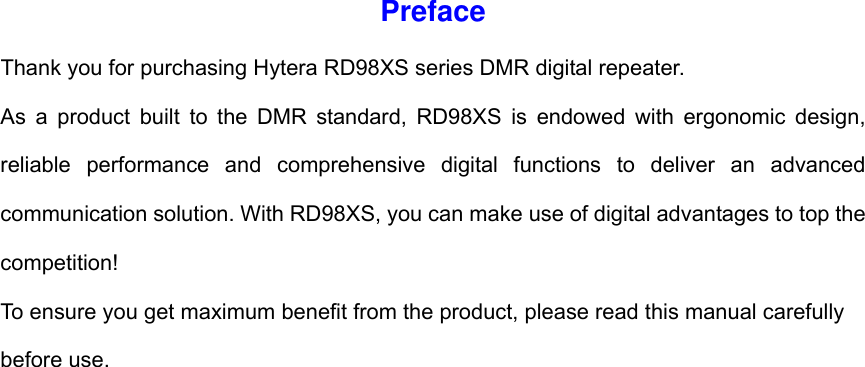 Page 1 of Hytera Communications RD98XSIU2 Digital Repeater User Manual RD98XS Owner s Manual 100202