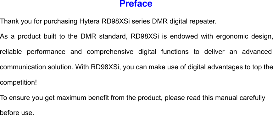 Page 1 of Hytera Communications RD98XSIU5 Digital Repeater User Manual RD98XS Owner s Manual 100202