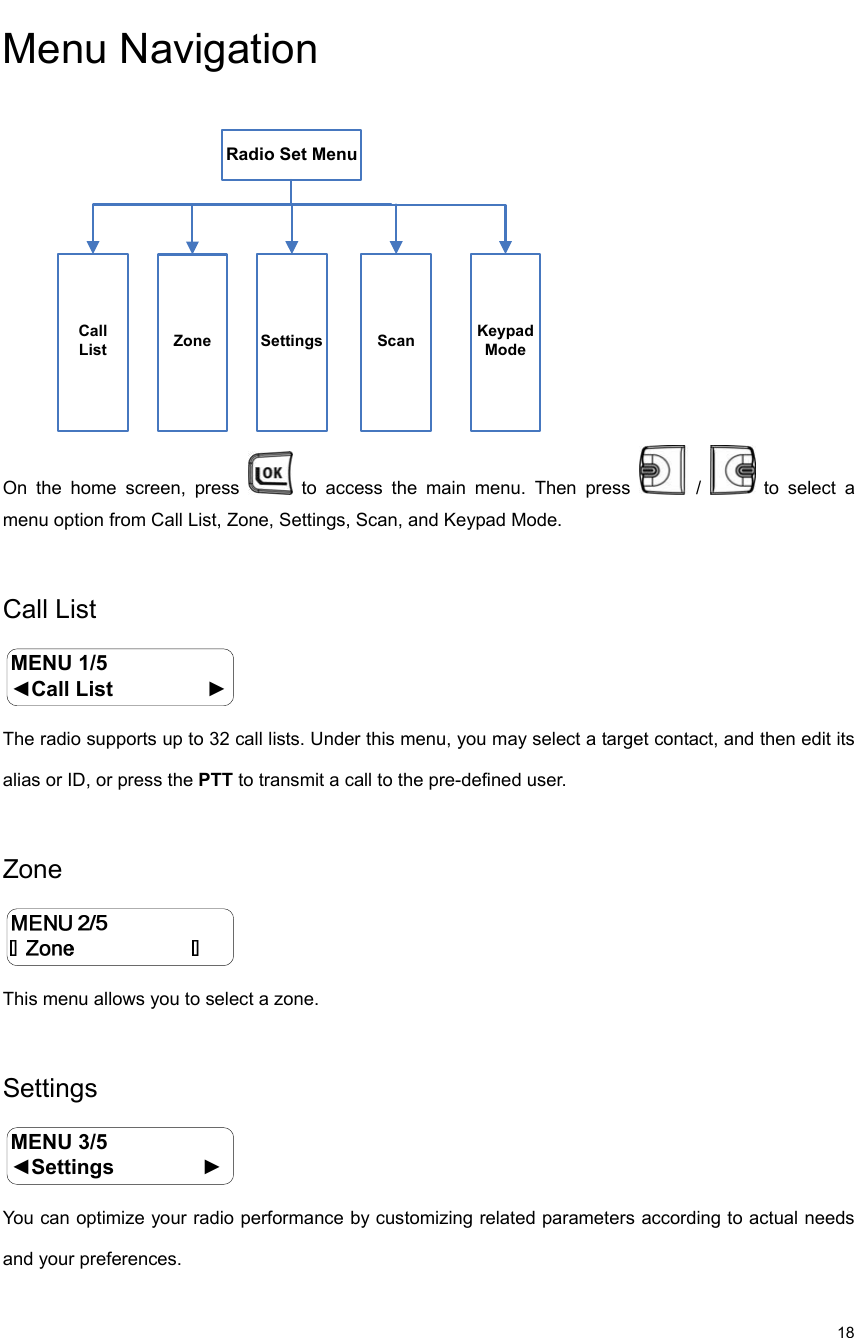                                                                                                             18 Menu Navigation  Radio Set MenuCall List Zone Settings Scan Keypad Mode On the home screen, press   to access the main menu. Then press   /   to select a menu option from Call List, Zone, Settings, Scan, and Keypad Mode.    Call List   MENU 1/5◄Call List                ► The radio supports up to 32 call lists. Under this menu, you may select a target contact, and then edit its alias or ID, or press the PTT to transmit a call to the pre-defined user.    Zone   This menu allows you to select a zone.    Settings  MENU 3/5◄Settings               ► You can optimize your radio performance by customizing related parameters according to actual needs and your preferences.   