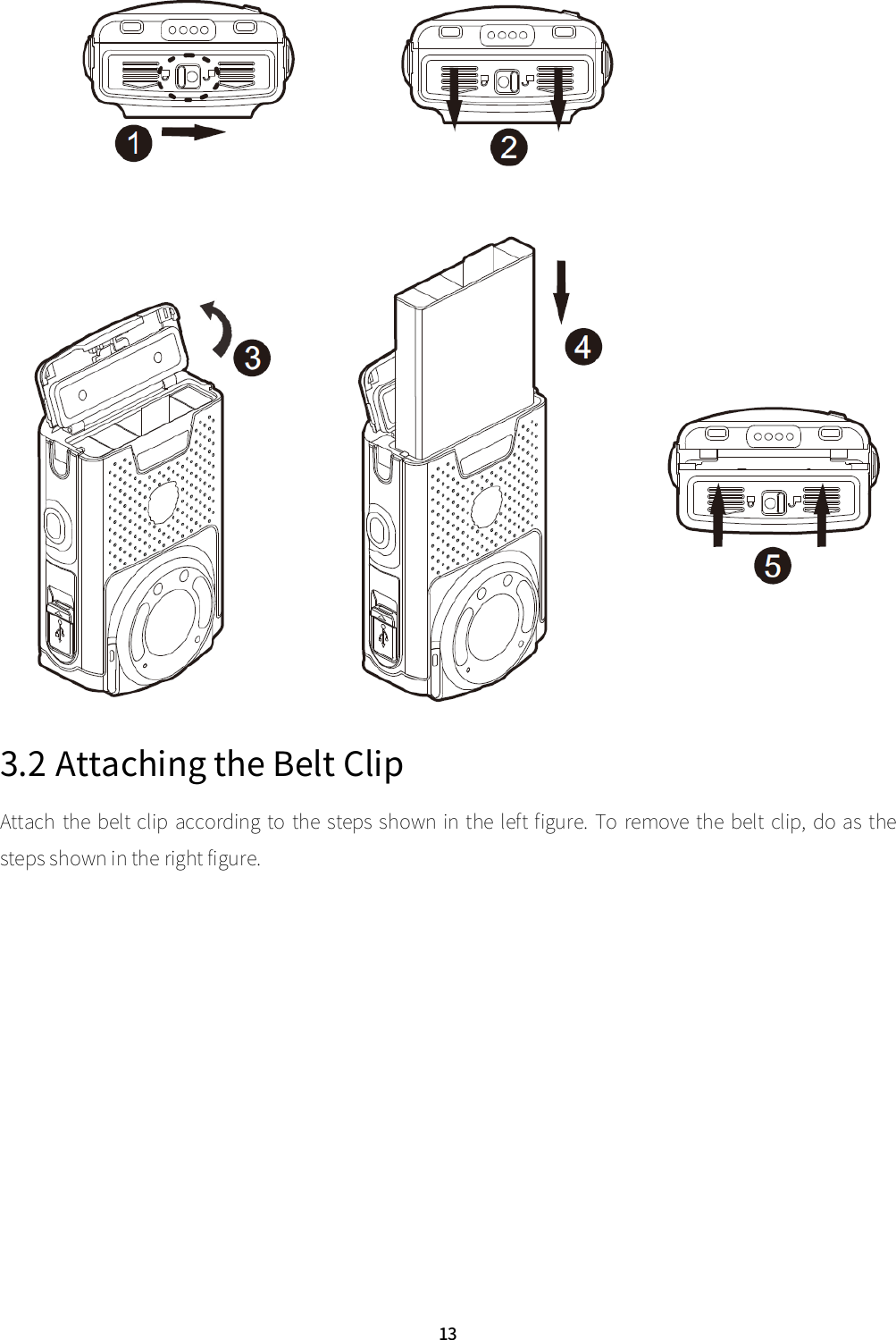  13  3.2 Attaching the Belt Clip Attach the belt clip according to the steps shown in the left figure. To remove the belt clip, do  as the steps shown in the right figure.   