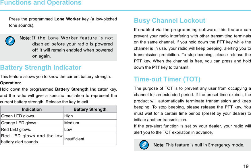 19  Press  the programmed  Lone  Worker key  (a  low-pitched tone sounds).Note:  If  the  Lone  Worker  feature  is  not disabled before your radio is powered off, it will remain enabled when powered on again. Battery Strength IndicatorThis feature allows you to know the current battery strength. Operation: Hold  down  the programmed  Battery  Strength  Indicator  key, and the  radio  will give a  specific indication to  represent the current battery strength. Release the key to exit.Indication Battery Strength Green LED glows. HighOrange LED glows. MediumRed LED glows. LowRed  LED  g low s  an d  th e  lo w battery alert sounds. InsufcientBusy Channel LockoutIf enabled via the programming software, this feature can prevent your  radio interfering  with other  transmitting terminals on the same channel. If you hold down the PTT key while the channel is in use, your radio will keep beeping, alerting you to transmission  prohibition. To  stop  beeping,  please  release  the PTT  key.  When  the channel  is  free, you  can  press  and  hold down the PTT key to transmit. Time-out Timer (TOT) The purpose  of TOT is  to prevent  any user  from occupying  a channel for an extended period. If the preset time expires, the product  will  automatically  terminate  transmission  and  keep beeping. To stop  beeping,  please release the PTT  key. You must  wait  for  a certain  time  period  (preset  by  your  dealer)  to initiate another transmission. If the  pre-alert function  is set  by  your dealer,  your radio  will alert you to the TOT expiration in advance.Note: This feature is null in Emergency mode. Functions and Operations