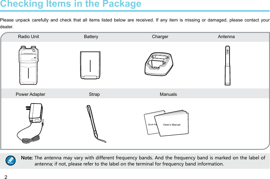 2  Radio Unit                                    Battery                                           Charger                                        Antenna   Checking Items in the PackagePlease  unpack carefully  and  check  that all  items  listed  below  are  received.  If any  item  is  missing or  damaged,  please  contact your dealer. Note: The antenna may vary with different frequency bands. And the frequency band is marked on the label of antenna; if not, please refer to the label on the terminal for frequency band information.Power Adapter                                   Strap                                                Manuals     Ower’s ManualQuick Re