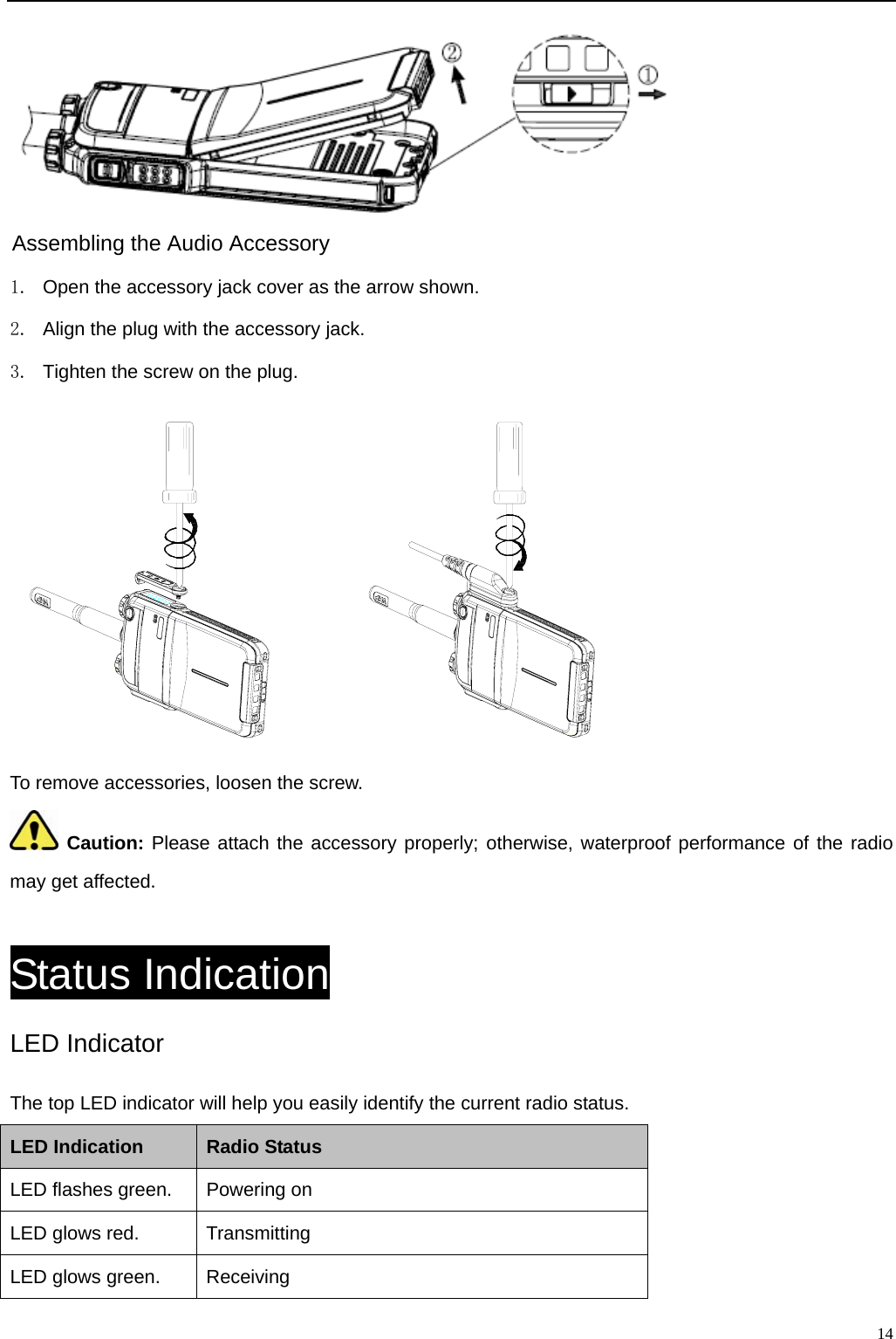                                                                                                             14  Assembling the Audio Accessory 1.  Open the accessory jack cover as the arrow shown.   2.  Align the plug with the accessory jack.   3.  Tighten the screw on the plug.        To remove accessories, loosen the screw.    Caution: Please attach the accessory properly; otherwise, waterproof performance of the radio may get affected.   Status Indication LED Indicator The top LED indicator will help you easily identify the current radio status.   LED Indication Radio Status LED flashes green. Powering on LED glows red. Transmitting LED glows green. Receiving 