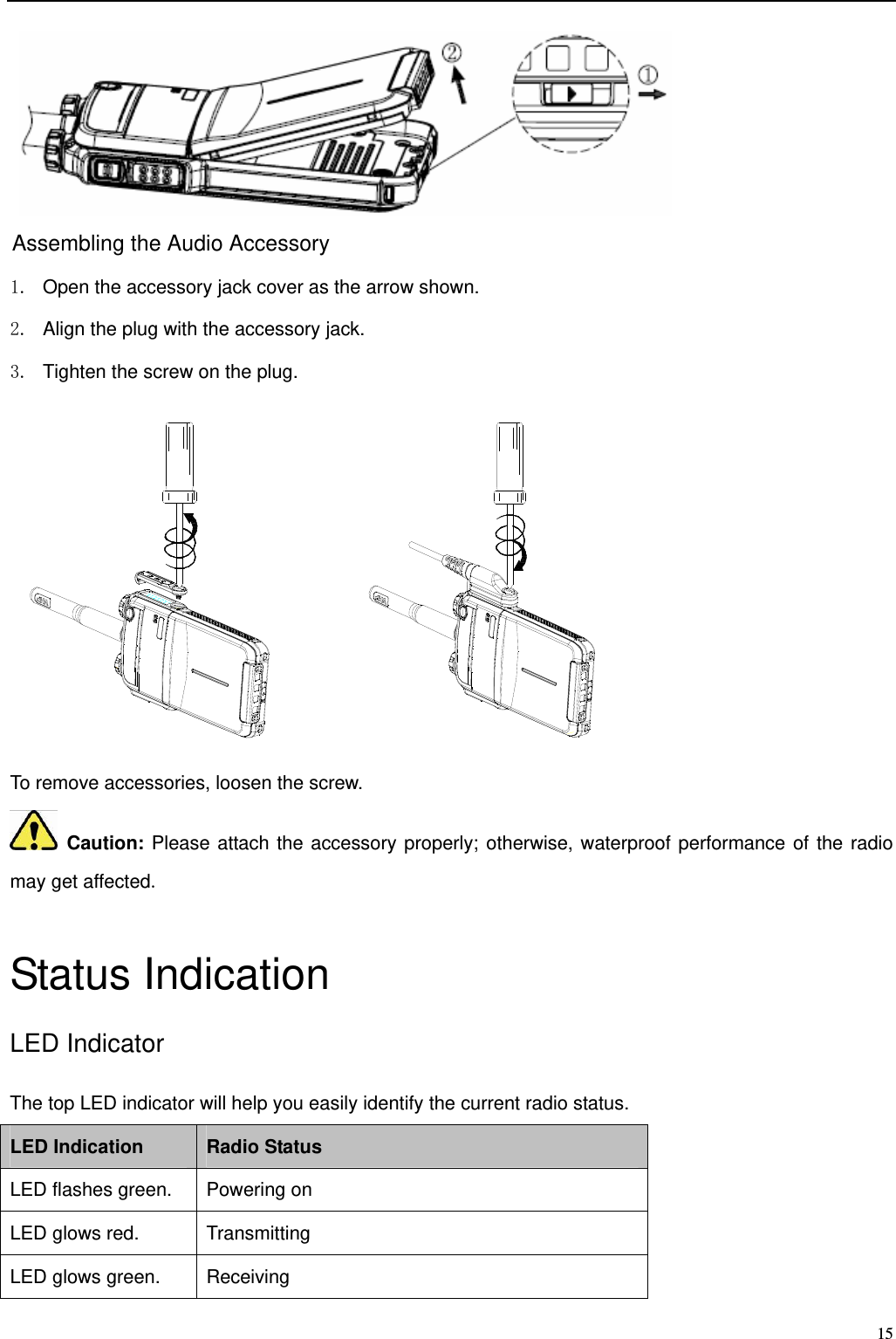                                                                                                              15  Assembling the Audio Accessory 1.  Open the accessory jack cover as the arrow shown.   2.  Align the plug with the accessory jack.   3.  Tighten the screw on the plug.        To remove accessories, loosen the screw.    Caution: Please attach the accessory properly; otherwise, waterproof performance of the radio may get affected.   Status Indication LED Indicator The top LED indicator will help you easily identify the current radio status.   LED Indication Radio Status LED flashes green. Powering on LED glows red. Transmitting LED glows green. Receiving 