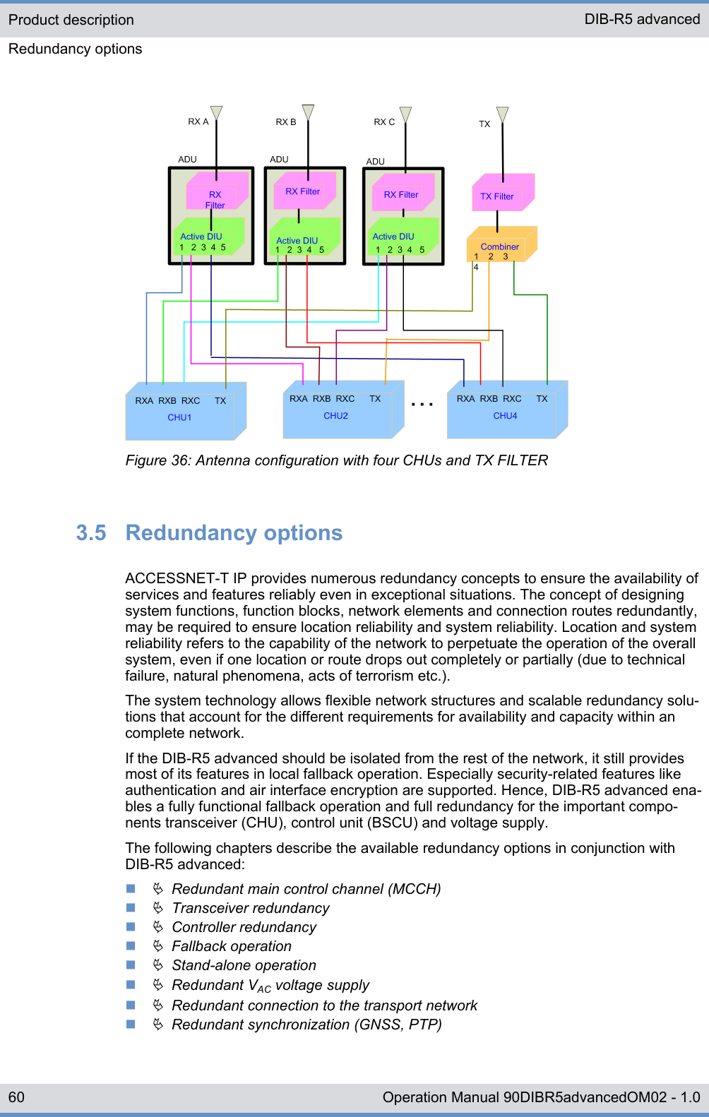 Figure 36: Antenna configuration with four CHUs and TX FILTER3.5  Redundancy optionsACCESSNET-T IP provides numerous redundancy concepts to ensure the availability ofservices and features reliably even in exceptional situations. The concept of designingsystem functions, function blocks, network elements and connection routes redundantly,may be required to ensure location reliability and system reliability. Location and systemreliability refers to the capability of the network to perpetuate the operation of the overallsystem, even if one location or route drops out completely or partially (due to technicalfailure, natural phenomena, acts of terrorism etc.).The system technology allows flexible network structures and scalable redundancy solu-tions that account for the different requirements for availability and capacity within ancomplete network.If the DIB-R5 advanced should be isolated from the rest of the network, it still providesmost of its features in local fallback operation. Especially security-related features likeauthentication and air interface encryption are supported. Hence, DIB-R5 advanced ena-bles a fully functional fallback operation and full redundancy for the important compo-nents transceiver (CHU), control unit (BSCU) and voltage supply.The following chapters describe the available redundancy options in conjunction withDIB-R5 advanced:nÄ  Redundant main control channel (MCCH)nÄ  Transceiver redundancynÄ  Controller redundancynÄ  Fallback operationnÄ  Stand-alone operationnÄ  Redundant VAC voltage supplynÄ  Redundant connection to the transport networknÄ  Redundant synchronization (GNSS, PTP)Product descriptionRedundancy optionsDIB-R5 advanced60 Operation Manual 90DIBR5advancedOM02 - 1.0