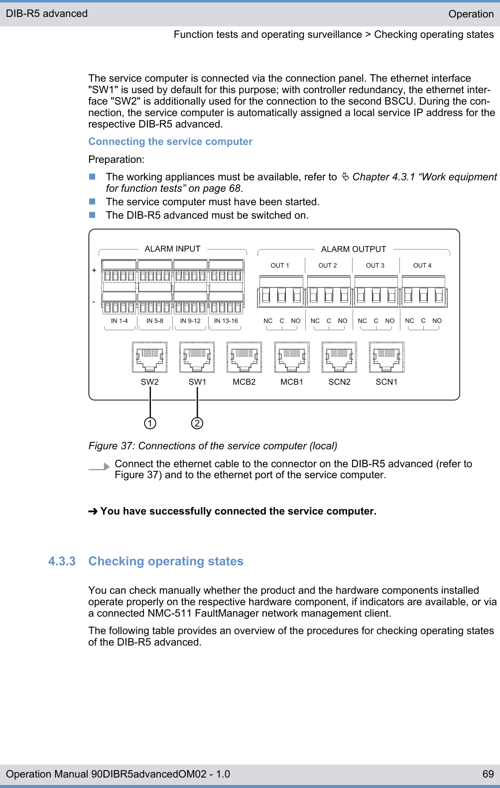 The service computer is connected via the connection panel. The ethernet interface&quot;SW1&quot; is used by default for this purpose; with controller redundancy, the ethernet inter-face &quot;SW2&quot; is additionally used for the connection to the second BSCU. During the con-nection, the service computer is automatically assigned a local service IP address for therespective DIB-R5 advanced.Connecting the service computerPreparation:nThe working appliances must be available, refer to Ä Chapter 4.3.1 “Work equipmentfor function tests” on page 68.nThe service computer must have been started.nThe DIB-R5 advanced must be switched on.Figure 37: Connections of the service computer (local)Connect the ethernet cable to the connector on the DIB-R5 advanced (refer to Figure 37) and to the ethernet port of the service computer.➔ You have successfully connected the service computer.4.3.3  Checking operating statesYou can check manually whether the product and the hardware components installedoperate properly on the respective hardware component, if indicators are available, or viaa connected NMC-511 FaultManager network management client.The following table provides an overview of the procedures for checking operating statesof the DIB-R5 advanced.OperationFunction tests and operating surveillance &gt; Checking operating statesDIB-R5 advanced69Operation Manual 90DIBR5advancedOM02 - 1.0