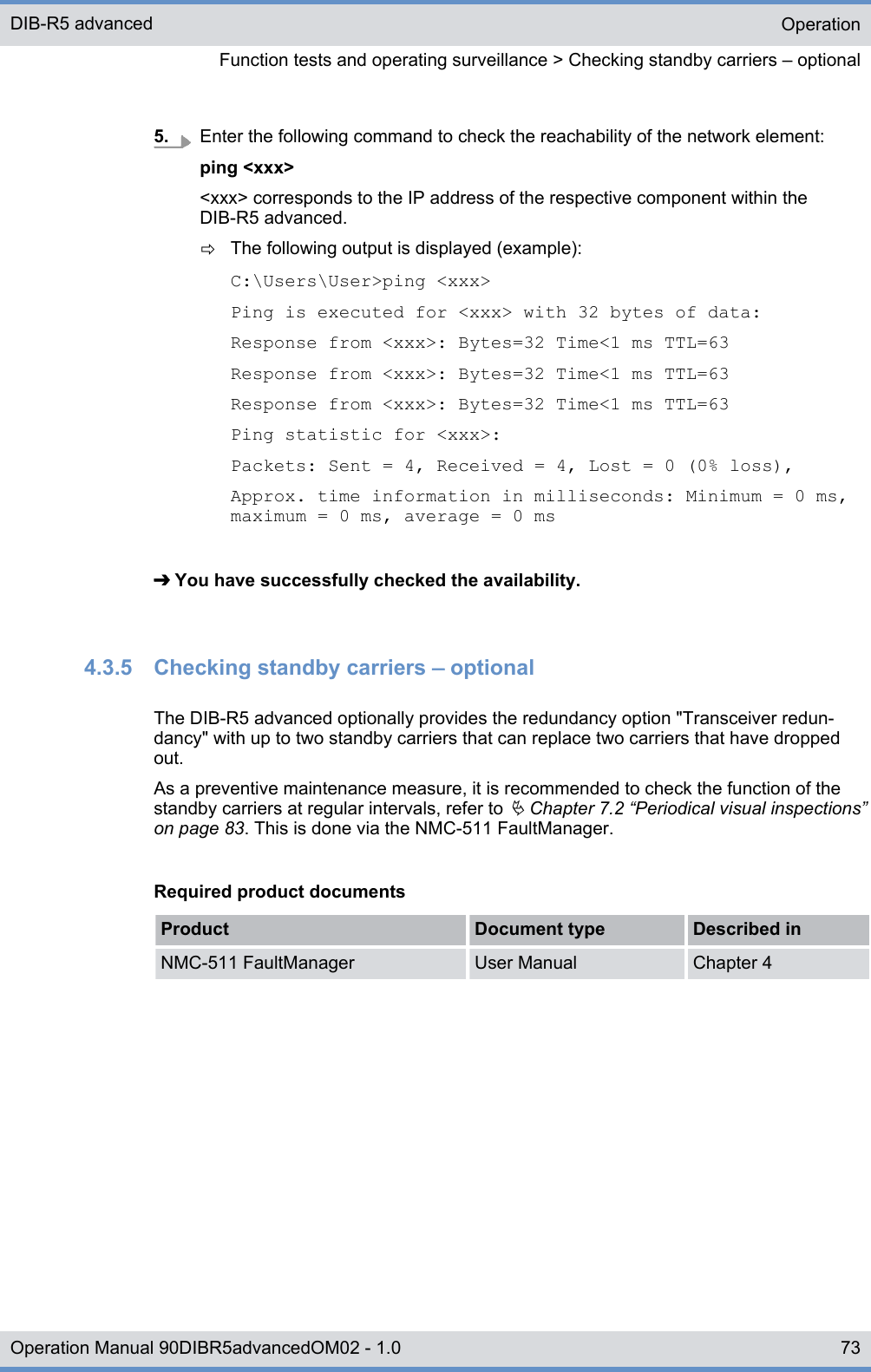 5. Enter the following command to check the reachability of the network element:ping &lt;xxx&gt;&lt;xxx&gt; corresponds to the IP address of the respective component within theDIB-R5 advanced.ðThe following output is displayed (example):C:\Users\User&gt;ping &lt;xxx&gt;Ping is executed for &lt;xxx&gt; with 32 bytes of data:Response from &lt;xxx&gt;: Bytes=32 Time&lt;1 ms TTL=63Response from &lt;xxx&gt;: Bytes=32 Time&lt;1 ms TTL=63Response from &lt;xxx&gt;: Bytes=32 Time&lt;1 ms TTL=63Ping statistic for &lt;xxx&gt;:Packets: Sent = 4, Received = 4, Lost = 0 (0% loss),Approx. time information in milliseconds: Minimum = 0 ms,maximum = 0 ms, average = 0 ms➔ You have successfully checked the availability.4.3.5  Checking standby carriers ‒ optionalThe DIB-R5 advanced optionally provides the redundancy option &quot;Transceiver redun-dancy&quot; with up to two standby carriers that can replace two carriers that have droppedout.As a preventive maintenance measure, it is recommended to check the function of thestandby carriers at regular intervals, refer to Ä Chapter 7.2 “Periodical visual inspections”on page 83. This is done via the NMC-511 FaultManager.Required product documentsProduct Document type Described inNMC-511 FaultManager User Manual Chapter 4OperationFunction tests and operating surveillance &gt; Checking standby carriers ‒ optionalDIB-R5 advanced73Operation Manual 90DIBR5advancedOM02 - 1.0