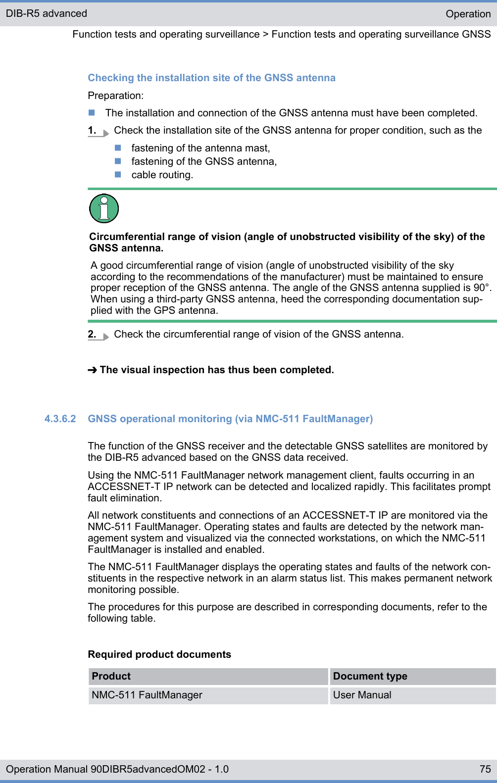 Checking the installation site of the GNSS antennaPreparation:nThe installation and connection of the GNSS antenna must have been completed.1. Check the installation site of the GNSS antenna for proper condition, such as thenfastening of the antenna mast,nfastening of the GNSS antenna,ncable routing.Circumferential range of vision (angle of unobstructed visibility of the sky) of theGNSS antenna.A good circumferential range of vision (angle of unobstructed visibility of the skyaccording to the recommendations of the manufacturer) must be maintained to ensureproper reception of the GNSS antenna. The angle of the GNSS antenna supplied is 90°.When using a third-party GNSS antenna, heed the corresponding documentation sup-plied with the GPS antenna.2. Check the circumferential range of vision of the GNSS antenna.➔ The visual inspection has thus been completed.4.3.6.2  GNSS operational monitoring (via NMC-511 FaultManager)The function of the GNSS receiver and the detectable GNSS satellites are monitored bythe DIB-R5 advanced based on the GNSS data received.Using the NMC‑511 FaultManager network management client, faults occurring in anACCESSNET-T IP network can be detected and localized rapidly. This facilitates promptfault elimination.All network constituents and connections of an ACCESSNET-T IP are monitored via theNMC-511 FaultManager. Operating states and faults are detected by the network man-agement system and visualized via the connected workstations, on which the NMC-511FaultManager is installed and enabled.The NMC-511 FaultManager displays the operating states and faults of the network con-stituents in the respective network in an alarm status list. This makes permanent networkmonitoring possible.The procedures for this purpose are described in corresponding documents, refer to thefollowing table.Required product documentsProduct Document typeNMC-511 FaultManager User ManualOperationFunction tests and operating surveillance &gt; Function tests and operating surveillance GNSSDIB-R5 advanced75Operation Manual 90DIBR5advancedOM02 - 1.0