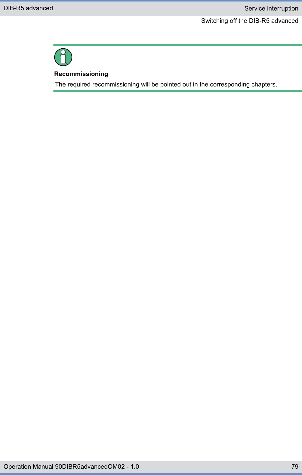 RecommissioningThe required recommissioning will be pointed out in the corresponding chapters.Service interruptionSwitching off the DIB-R5 advancedDIB-R5 advanced79Operation Manual 90DIBR5advancedOM02 - 1.0