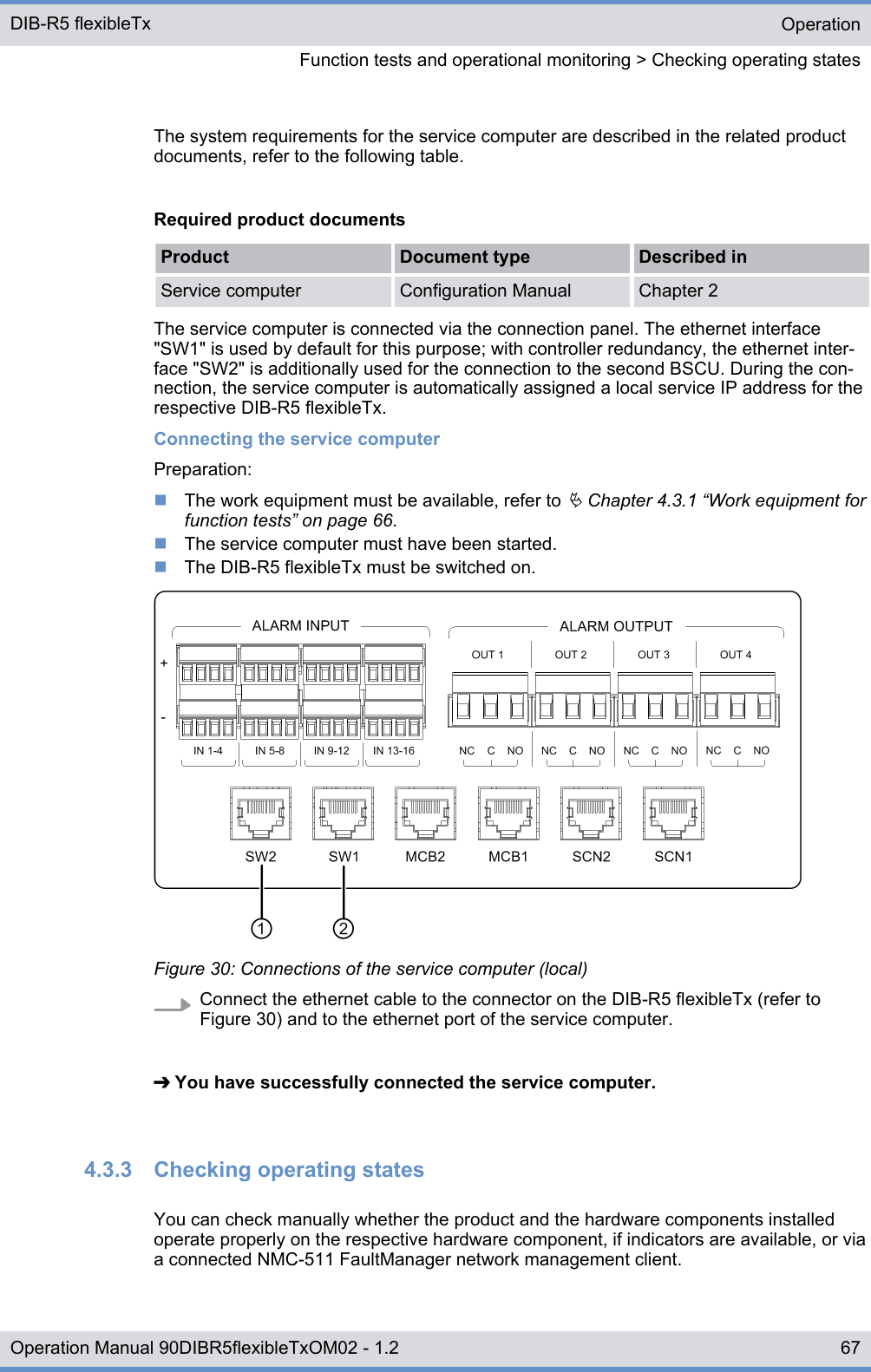 The system requirements for the service computer are described in the related productdocuments, refer to the following table.Required product documentsProduct Document type Described inService computer Configuration Manual Chapter 2The service computer is connected via the connection panel. The ethernet interface&quot;SW1&quot; is used by default for this purpose; with controller redundancy, the ethernet inter-face &quot;SW2&quot; is additionally used for the connection to the second BSCU. During the con-nection, the service computer is automatically assigned a local service IP address for therespective DIB-R5 flexibleTx.Connecting the service computerPreparation:nThe work equipment must be available, refer to Ä Chapter 4.3.1 “Work equipment forfunction tests” on page 66.nThe service computer must have been started.nThe DIB-R5 flexibleTx must be switched on.Figure 30: Connections of the service computer (local)Connect the ethernet cable to the connector on the DIB-R5 flexibleTx (refer to Figure 30) and to the ethernet port of the service computer.➔ You have successfully connected the service computer.4.3.3  Checking operating statesYou can check manually whether the product and the hardware components installedoperate properly on the respective hardware component, if indicators are available, or viaa connected NMC-511 FaultManager network management client.OperationFunction tests and operational monitoring &gt; Checking operating statesDIB-R5 flexibleTx67Operation Manual 90DIBR5flexibleTxOM02 - 1.2