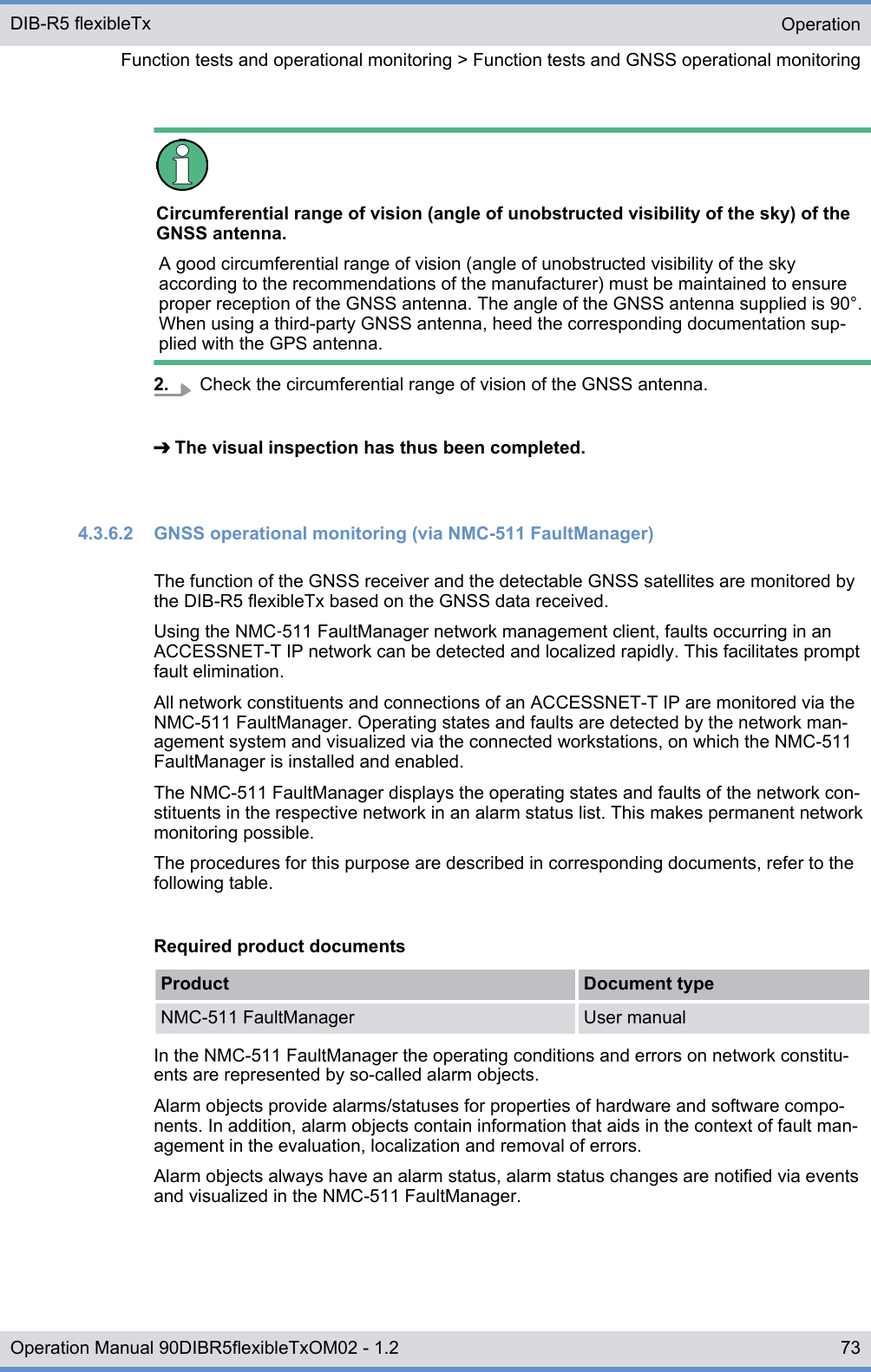 Circumferential range of vision (angle of unobstructed visibility of the sky) of theGNSS antenna.A good circumferential range of vision (angle of unobstructed visibility of the skyaccording to the recommendations of the manufacturer) must be maintained to ensureproper reception of the GNSS antenna. The angle of the GNSS antenna supplied is 90°.When using a third-party GNSS antenna, heed the corresponding documentation sup-plied with the GPS antenna.2. Check the circumferential range of vision of the GNSS antenna.➔ The visual inspection has thus been completed.4.3.6.2  GNSS operational monitoring (via NMC-511 FaultManager)The function of the GNSS receiver and the detectable GNSS satellites are monitored bythe DIB-R5 flexibleTx based on the GNSS data received.Using the NMC‑511 FaultManager network management client, faults occurring in anACCESSNET-T IP network can be detected and localized rapidly. This facilitates promptfault elimination.All network constituents and connections of an ACCESSNET-T IP are monitored via theNMC-511 FaultManager. Operating states and faults are detected by the network man-agement system and visualized via the connected workstations, on which the NMC-511FaultManager is installed and enabled.The NMC-511 FaultManager displays the operating states and faults of the network con-stituents in the respective network in an alarm status list. This makes permanent networkmonitoring possible.The procedures for this purpose are described in corresponding documents, refer to thefollowing table.Required product documentsProduct Document typeNMC-511 FaultManager User manualIn the NMC-511 FaultManager the operating conditions and errors on network constitu-ents are represented by so-called alarm objects.Alarm objects provide alarms/statuses for properties of hardware and software compo-nents. In addition, alarm objects contain information that aids in the context of fault man-agement in the evaluation, localization and removal of errors.Alarm objects always have an alarm status, alarm status changes are notified via eventsand visualized in the NMC-511 FaultManager.OperationFunction tests and operational monitoring &gt; Function tests and GNSS operational monitoringDIB-R5 flexibleTx73Operation Manual 90DIBR5flexibleTxOM02 - 1.2