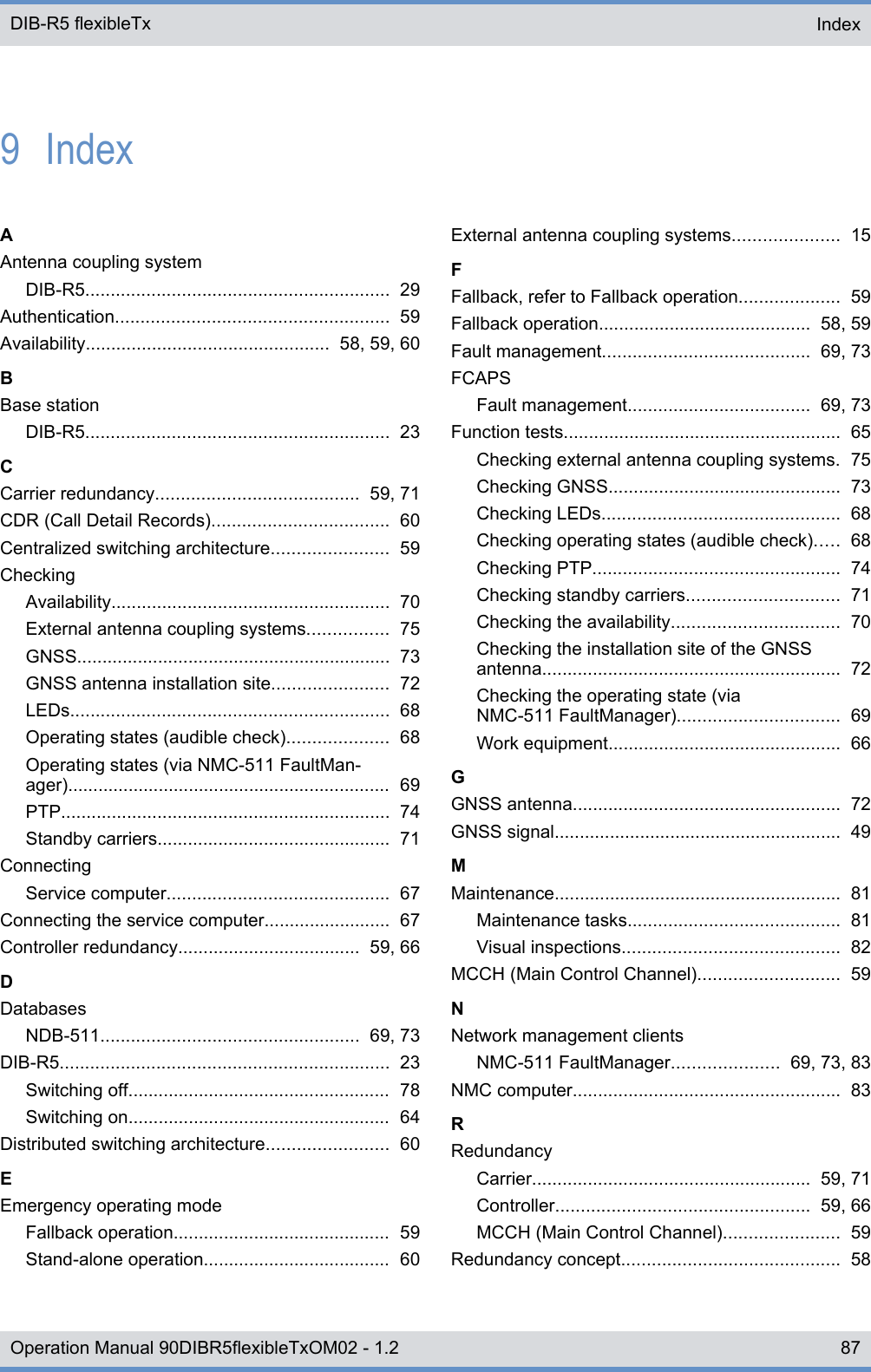 9  IndexAAntenna coupling systemDIB-R5............................................................ 29Authentication...................................................... 59Availability................................................ 58, 59, 60BBase stationDIB-R5............................................................ 23CCarrier redundancy........................................ 59, 71CDR (Call Detail Records)................................... 60Centralized switching architecture....................... 59CheckingAvailability....................................................... 70External antenna coupling systems................ 75GNSS.............................................................. 73GNSS antenna installation site....................... 72LEDs............................................................... 68Operating states (audible check).................... 68Operating states (via NMC-511 FaultMan-ager)................................................................ 69PTP................................................................. 74Standby carriers.............................................. 71ConnectingService computer............................................ 67Connecting the service computer......................... 67Controller redundancy.................................... 59, 66DDatabasesNDB-511................................................... 69, 73DIB-R5................................................................. 23Switching off.................................................... 78Switching on.................................................... 64Distributed switching architecture........................ 60EEmergency operating modeFallback operation........................................... 59Stand-alone operation..................................... 60External antenna coupling systems..................... 15FFallback, refer to Fallback operation.................... 59Fallback operation.......................................... 58, 59Fault management......................................... 69, 73FCAPSFault management.................................... 69, 73Function tests....................................................... 65Checking external antenna coupling systems. 75Checking GNSS.............................................. 73Checking LEDs............................................... 68Checking operating states (audible check)..... 68Checking PTP................................................. 74Checking standby carriers.............................. 71Checking the availability................................. 70Checking the installation site of the GNSSantenna........................................................... 72Checking the operating state (viaNMC-511 FaultManager)................................ 69Work equipment.............................................. 66GGNSS antenna..................................................... 72GNSS signal......................................................... 49MMaintenance......................................................... 81Maintenance tasks.......................................... 81Visual inspections........................................... 82MCCH (Main Control Channel)............................ 59NNetwork management clientsNMC-511 FaultManager..................... 69, 73, 83NMC computer..................................................... 83RRedundancyCarrier....................................................... 59, 71Controller.................................................. 59, 66MCCH (Main Control Channel)....................... 59Redundancy concept........................................... 58Index DIB-R5 flexibleTx87Operation Manual 90DIBR5flexibleTxOM02 - 1.2