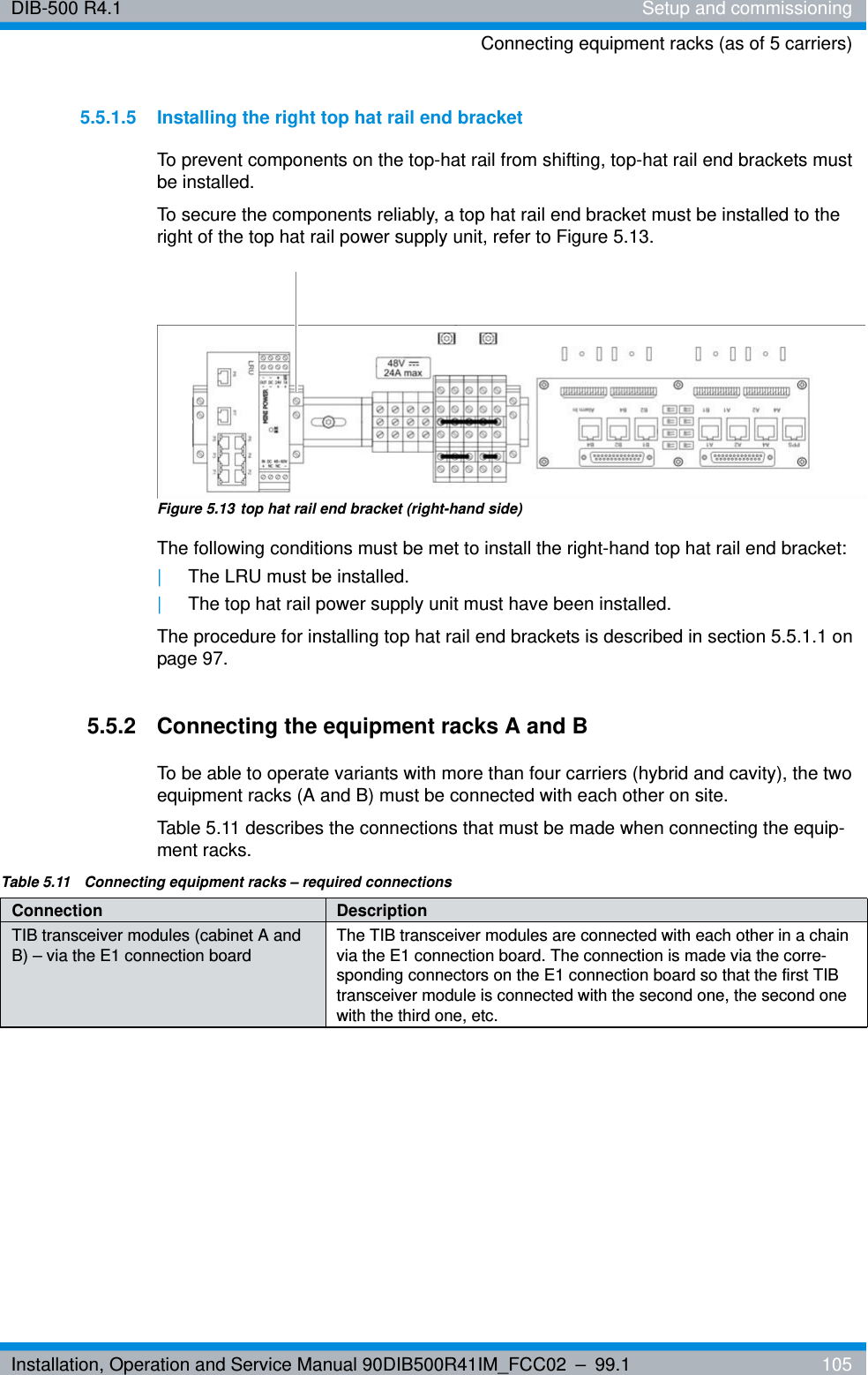 Installation, Operation and Service Manual 90DIB500R41IM_FCC02 – 99.1  105DIB-500 R4.1 Setup and commissioningConnecting equipment racks (as of 5 carriers)5.5.1.5 Installing the right top hat rail end bracketTo prevent components on the top-hat rail from shifting, top-hat rail end brackets must be installed.To secure the components reliably, a top hat rail end bracket must be installed to the right of the top hat rail power supply unit, refer to Figure 5.13.Figure 5.13 top hat rail end bracket (right-hand side)The following conditions must be met to install the right-hand top hat rail end bracket:|The LRU must be installed.|The top hat rail power supply unit must have been installed.The procedure for installing top hat rail end brackets is described in section 5.5.1.1 on page 97.5.5.2 Connecting the equipment racks A and BTo be able to operate variants with more than four carriers (hybrid and cavity), the two equipment racks (A and B) must be connected with each other on site.Table 5.11 describes the connections that must be made when connecting the equip-ment racks.Table 5.11  Connecting equipment racks – required connectionsConnection DescriptionTIB transceiver modules (cabinet A and B) – via the E1 connection board The TIB transceiver modules are connected with each other in a chain via the E1 connection board. The connection is made via the corre-sponding connectors on the E1 connection board so that the first TIB transceiver module is connected with the second one, the second one with the third one, etc.