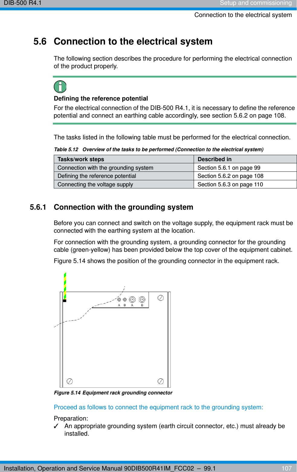 Installation, Operation and Service Manual 90DIB500R41IM_FCC02 – 99.1  107DIB-500 R4.1 Setup and commissioningConnection to the electrical system5.6 Connection to the electrical systemThe following section describes the procedure for performing the electrical connection of the product properly.Defining the reference potentialFor the electrical connection of the DIB-500 R4.1, it is necessary to define the reference potential and connect an earthing cable accordingly, see section 5.6.2 on page 108.The tasks listed in the following table must be performed for the electrical connection.5.6.1 Connection with the grounding systemBefore you can connect and switch on the voltage supply, the equipment rack must be connected with the earthing system at the location.For connection with the grounding system, a grounding connector for the grounding cable (green-yellow) has been provided below the top cover of the equipment cabinet. Figure 5.14 shows the position of the grounding connector in the equipment rack.Figure 5.14 Equipment rack grounding connectorProceed as follows to connect the equipment rack to the grounding system:Preparation:✓An appropriate grounding system (earth circuit connector, etc.) must already be installed.Table 5.12  Overview of the tasks to be performed (Connection to the electrical system)Tasks/work steps Described inConnection with the grounding system Section 5.6.1 on page 99Defining the reference potential Section 5.6.2 on page 108Connecting the voltage supply Section 5.6.3 on page 110