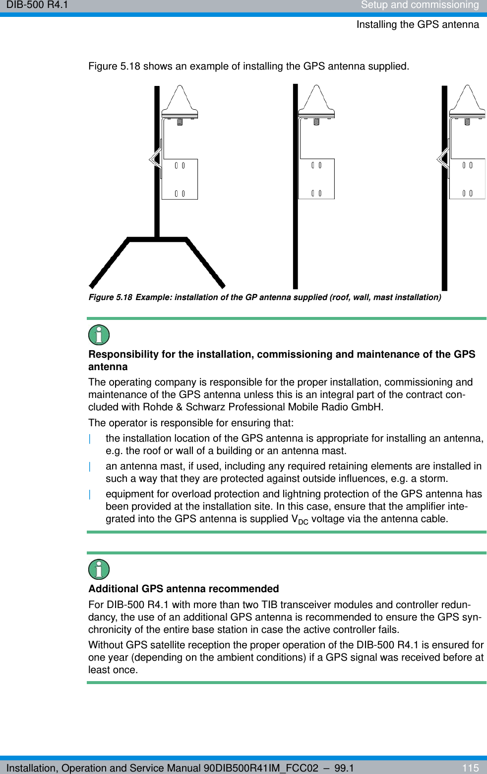 Installation, Operation and Service Manual 90DIB500R41IM_FCC02 – 99.1  115DIB-500 R4.1 Setup and commissioningInstalling the GPS antennaFigure 5.18 shows an example of installing the GPS antenna supplied. Figure 5.18 Example: installation of the GP antenna supplied (roof, wall, mast installation)Responsibility for the installation, commissioning and maintenance of the GPS antennaThe operating company is responsible for the proper installation, commissioning and maintenance of the GPS antenna unless this is an integral part of the contract con-cluded with Rohde &amp; Schwarz Professional Mobile Radio GmbH.The operator is responsible for ensuring that: |the installation location of the GPS antenna is appropriate for installing an antenna, e.g. the roof or wall of a building or an antenna mast.|an antenna mast, if used, including any required retaining elements are installed in such a way that they are protected against outside influences, e.g. a storm.|equipment for overload protection and lightning protection of the GPS antenna has been provided at the installation site. In this case, ensure that the amplifier inte-grated into the GPS antenna is supplied VDC voltage via the antenna cable.Additional GPS antenna recommendedFor DIB-500 R4.1 with more than two TIB transceiver modules and controller redun-dancy, the use of an additional GPS antenna is recommended to ensure the GPS syn-chronicity of the entire base station in case the active controller fails.Without GPS satellite reception the proper operation of the DIB-500 R4.1 is ensured for one year (depending on the ambient conditions) if a GPS signal was received before at least once.