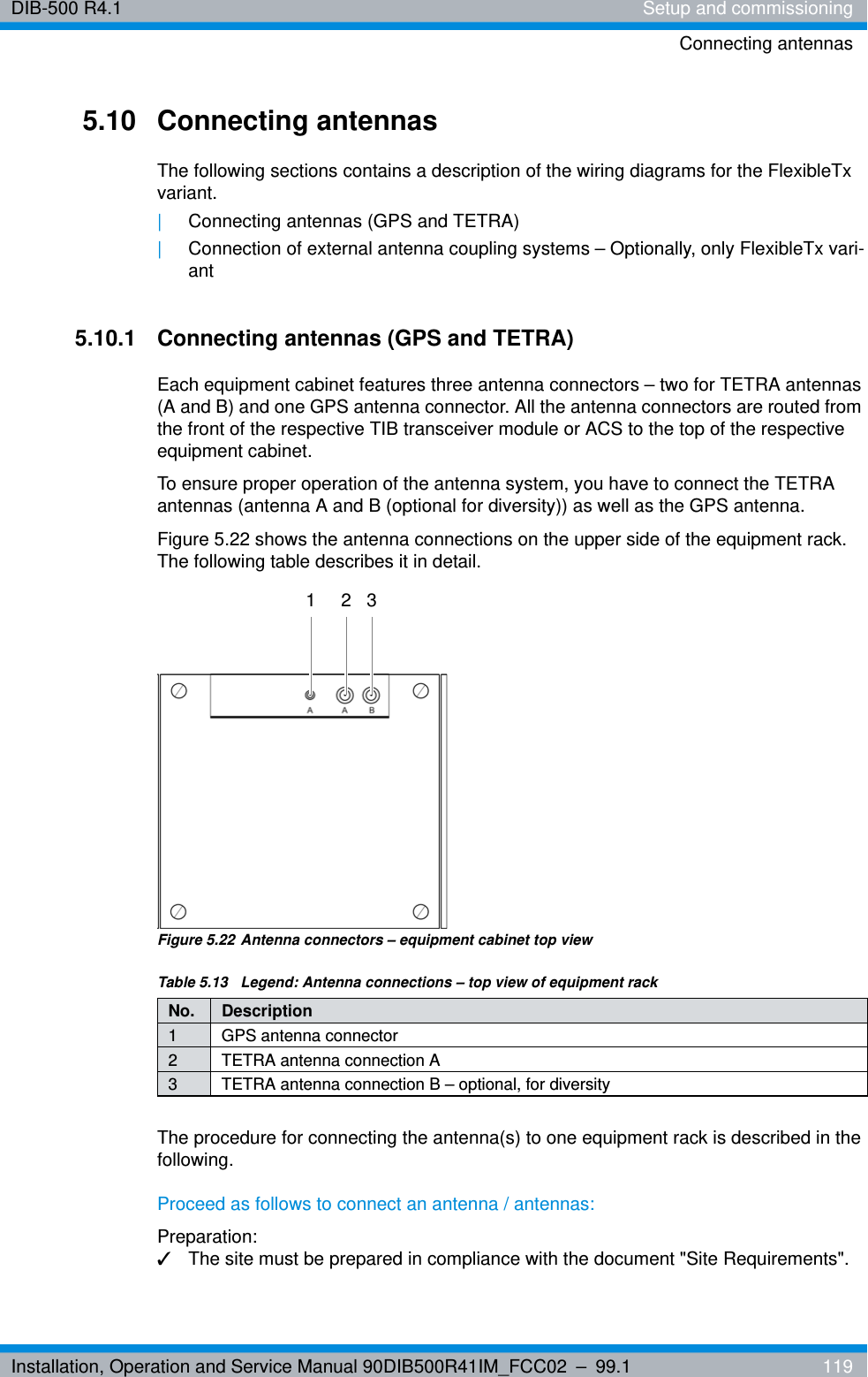 Installation, Operation and Service Manual 90DIB500R41IM_FCC02 – 99.1  119DIB-500 R4.1 Setup and commissioningConnecting antennas5.10 Connecting antennasThe following sections contains a description of the wiring diagrams for the FlexibleTx variant.|Connecting antennas (GPS and TETRA)|Connection of external antenna coupling systems – Optionally, only FlexibleTx vari-ant5.10.1 Connecting antennas (GPS and TETRA)Each equipment cabinet features three antenna connectors – two for TETRA antennas (A and B) and one GPS antenna connector. All the antenna connectors are routed from the front of the respective TIB transceiver module or ACS to the top of the respective equipment cabinet.To ensure proper operation of the antenna system, you have to connect the TETRA antennas (antenna A and B (optional for diversity)) as well as the GPS antenna.Figure 5.22 shows the antenna connections on the upper side of the equipment rack. The following table describes it in detail.Figure 5.22 Antenna connectors – equipment cabinet top viewThe procedure for connecting the antenna(s) to one equipment rack is described in the following.Proceed as follows to connect an antenna / antennas:Preparation:✓The site must be prepared in compliance with the document &quot;Site Requirements&quot;.Table 5.13  Legend: Antenna connections – top view of equipment rackNo. Description1 GPS antenna connector2 TETRA antenna connection A3 TETRA antenna connection B – optional, for diversity2 31