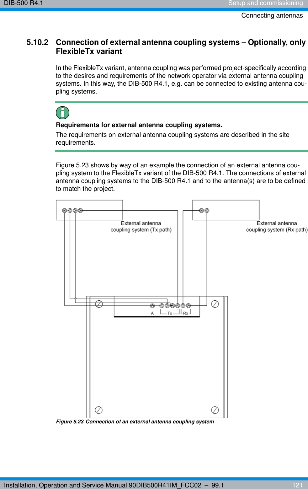 Installation, Operation and Service Manual 90DIB500R41IM_FCC02 – 99.1  121DIB-500 R4.1 Setup and commissioningConnecting antennas5.10.2 Connection of external antenna coupling systems – Optionally, only FlexibleTx variant In the FlexibleTx variant, antenna coupling was performed project-specifically according to the desires and requirements of the network operator via external antenna coupling systems. In this way, the DIB-500 R4.1, e.g. can be connected to existing antenna cou-pling systems.Requirements for external antenna coupling systems.The requirements on external antenna coupling systems are described in the site requirements.Figure 5.23 shows by way of an example the connection of an external antenna cou-pling system to the FlexibleTx variant of the DIB-500 R4.1. The connections of external antenna coupling systems to the DIB-500 R4.1 and to the antenna(s) are to be defined to match the project.Figure 5.23 Connection of an external antenna coupling system