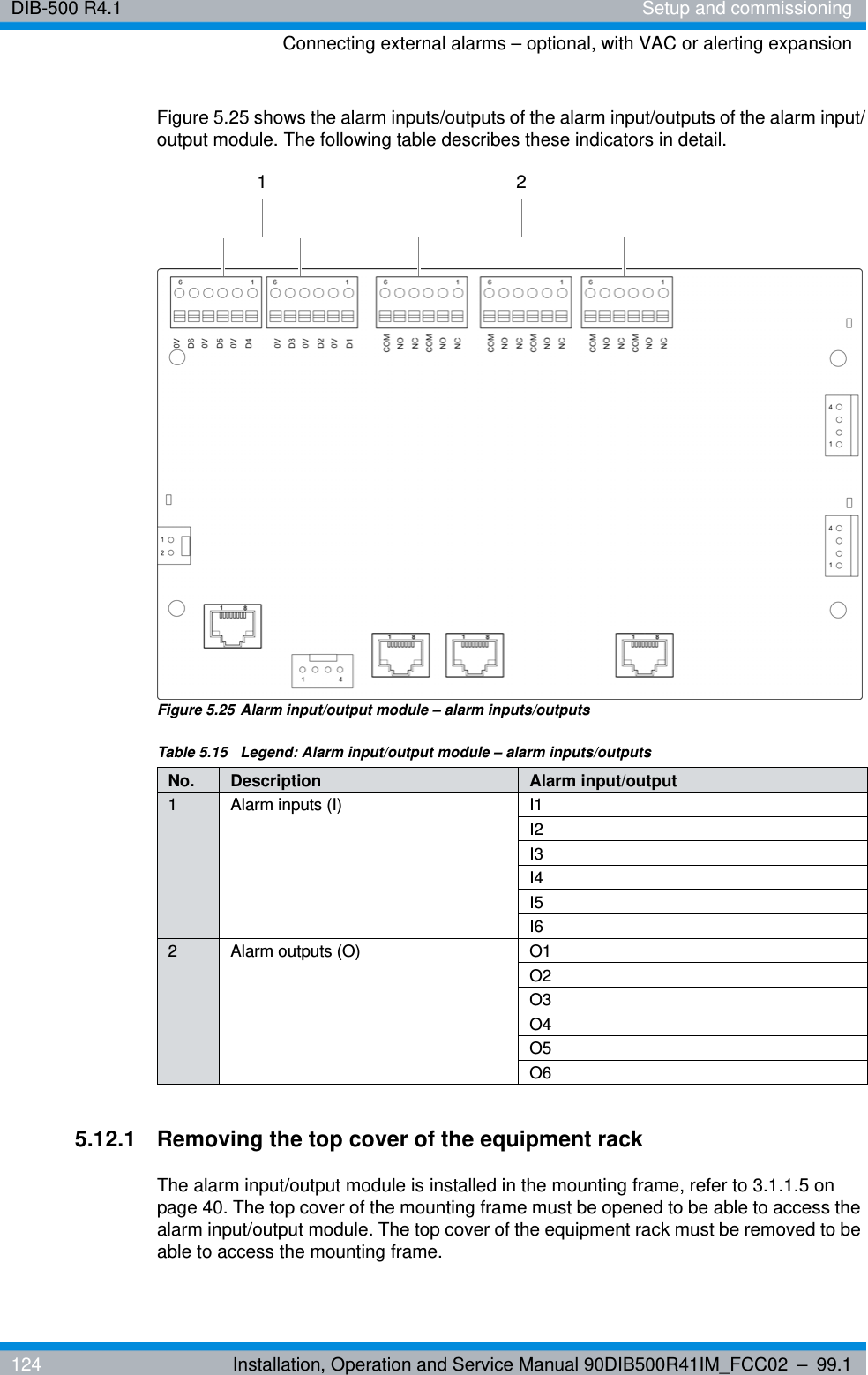 DIB-500 R4.1 Setup and commissioningConnecting external alarms – optional, with VAC or alerting expansion124 Installation, Operation and Service Manual 90DIB500R41IM_FCC02 – 99.1Figure 5.25 shows the alarm inputs/outputs of the alarm input/outputs of the alarm input/output module. The following table describes these indicators in detail.Figure 5.25 Alarm input/output module – alarm inputs/outputs5.12.1 Removing the top cover of the equipment rackThe alarm input/output module is installed in the mounting frame, refer to 3.1.1.5 on page 40. The top cover of the mounting frame must be opened to be able to access the alarm input/output module. The top cover of the equipment rack must be removed to be able to access the mounting frame.Table 5.15  Legend: Alarm input/output module – alarm inputs/outputsNo. Description Alarm input/output1 Alarm inputs (I) I1I2I3I4I5I62 Alarm outputs (O) O1O2O3O4O5 O61 2