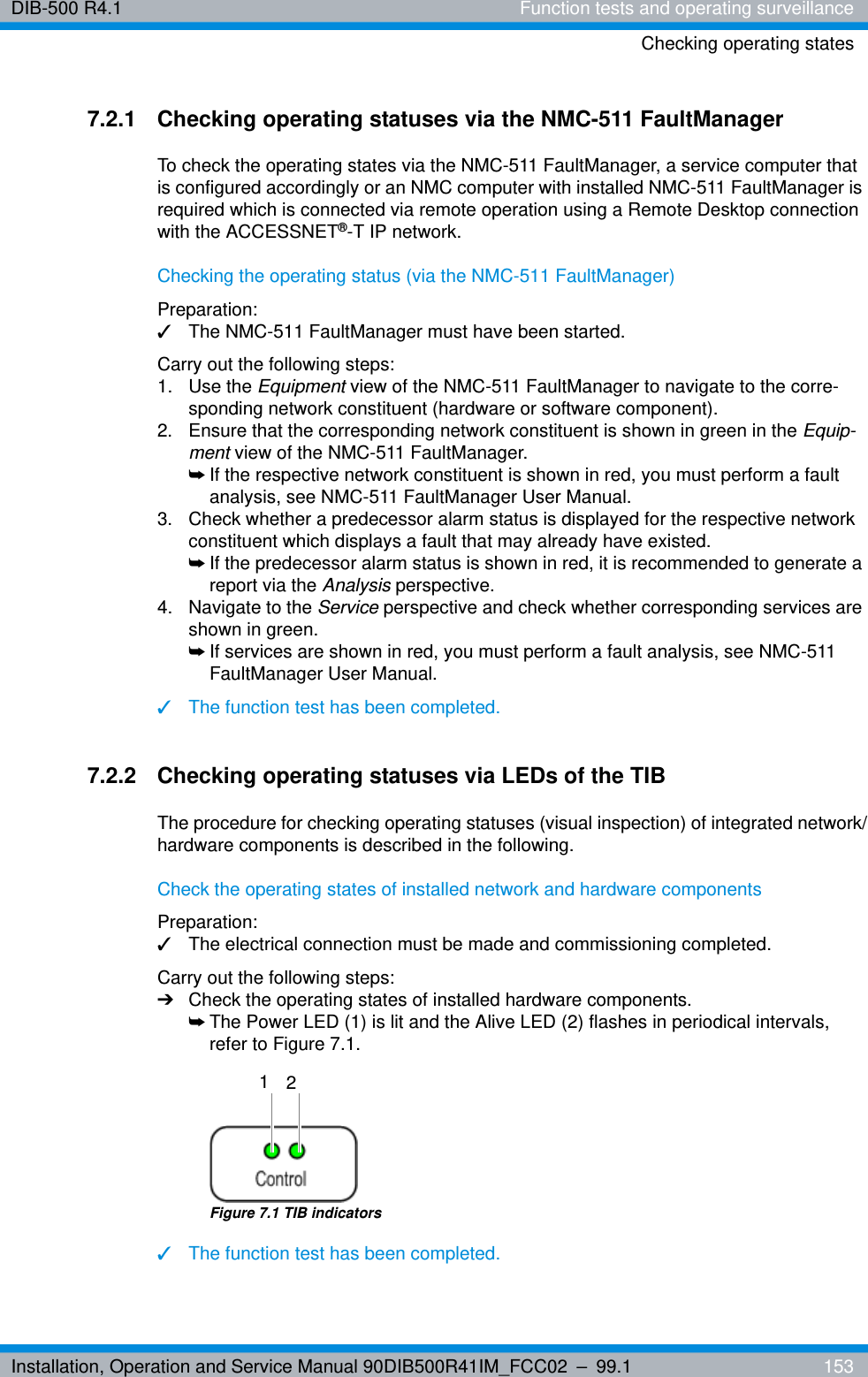 Installation, Operation and Service Manual 90DIB500R41IM_FCC02 – 99.1  153DIB-500 R4.1 Function tests and operating surveillanceChecking operating states7.2.1 Checking operating statuses via the NMC-511 FaultManagerTo check the operating states via the NMC-511 FaultManager, a service computer that is configured accordingly or an NMC computer with installed NMC-511 FaultManager is required which is connected via remote operation using a Remote Desktop connection with the ACCESSNET®-T IP network.Checking the operating status (via the NMC-511 FaultManager)Preparation:✓The NMC-511 FaultManager must have been started.Carry out the following steps:1. Use the Equipment view of the NMC-511 FaultManager to navigate to the corre-sponding network constituent (hardware or software component).2.  Ensure that the corresponding network constituent is shown in green in the Equip-ment view of the NMC-511 FaultManager.➥If the respective network constituent is shown in red, you must perform a fault analysis, see NMC-511 FaultManager User Manual.3.  Check whether a predecessor alarm status is displayed for the respective network constituent which displays a fault that may already have existed.➥If the predecessor alarm status is shown in red, it is recommended to generate a report via the Analysis perspective.4.  Navigate to the Service perspective and check whether corresponding services are shown in green.➥If services are shown in red, you must perform a fault analysis, see NMC-511 FaultManager User Manual.✓The function test has been completed.7.2.2 Checking operating statuses via LEDs of the TIBThe procedure for checking operating statuses (visual inspection) of integrated network/hardware components is described in the following.Check the operating states of installed network and hardware componentsPreparation:✓The electrical connection must be made and commissioning completed.Carry out the following steps:➔Check the operating states of installed hardware components.➥The Power LED (1) is lit and the Alive LED (2) flashes in periodical intervals, refer to Figure 7.1.Figure 7.1 TIB indicators✓The function test has been completed.21