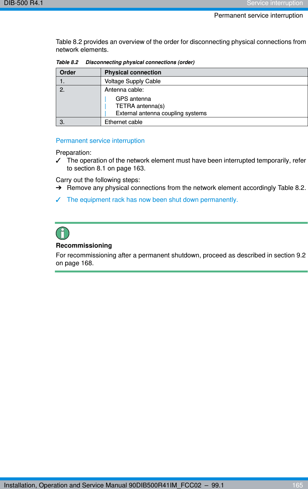 Installation, Operation and Service Manual 90DIB500R41IM_FCC02 – 99.1  165DIB-500 R4.1 Service interruptionPermanent service interruptionTable 8.2 provides an overview of the order for disconnecting physical connections from network elements.Permanent service interruptionPreparation:✓The operation of the network element must have been interrupted temporarily, refer to section 8.1 on page 163.Carry out the following steps:➔Remove any physical connections from the network element accordingly Table 8.2.✓The equipment rack has now been shut down permanently.RecommissioningFor recommissioning after a permanent shutdown, proceed as described in section 9.2 on page 168.Table 8.2  Disconnecting physical connections (order)Order Physical connection1. Voltage Supply Cable2. Antenna cable:|GPS antenna|TETRA antenna(s)|External antenna coupling systems3. Ethernet cable