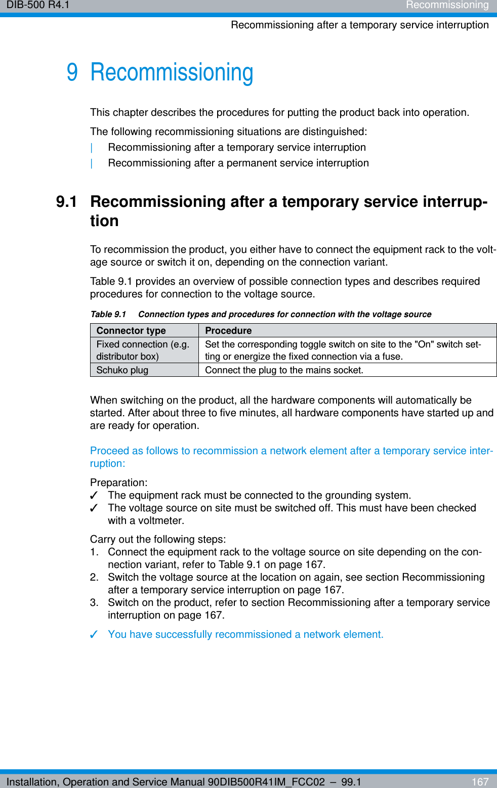 Installation, Operation and Service Manual 90DIB500R41IM_FCC02 – 99.1  167DIB-500 R4.1 RecommissioningRecommissioning after a temporary service interruption9 RecommissioningThis chapter describes the procedures for putting the product back into operation.The following recommissioning situations are distinguished:|Recommissioning after a temporary service interruption|Recommissioning after a permanent service interruption9.1 Recommissioning after a temporary service interrup-tionTo recommission the product, you either have to connect the equipment rack to the volt-age source or switch it on, depending on the connection variant.Table 9.1 provides an overview of possible connection types and describes required procedures for connection to the voltage source.When switching on the product, all the hardware components will automatically be started. After about three to five minutes, all hardware components have started up and are ready for operation.Proceed as follows to recommission a network element after a temporary service inter-ruption:Preparation:✓The equipment rack must be connected to the grounding system.✓The voltage source on site must be switched off. This must have been checked with a voltmeter.Carry out the following steps:1.  Connect the equipment rack to the voltage source on site depending on the con-nection variant, refer to Table 9.1 on page 167.2.  Switch the voltage source at the location on again, see section Recommissioning after a temporary service interruption on page 167.3.  Switch on the product, refer to section Recommissioning after a temporary service interruption on page 167.✓You have successfully recommissioned a network element.Table 9.1  Connection types and procedures for connection with the voltage sourceConnector type ProcedureFixed connection (e.g. distributor box) Set the corresponding toggle switch on site to the &quot;On&quot; switch set-ting or energize the fixed connection via a fuse.Schuko plug Connect the plug to the mains socket.