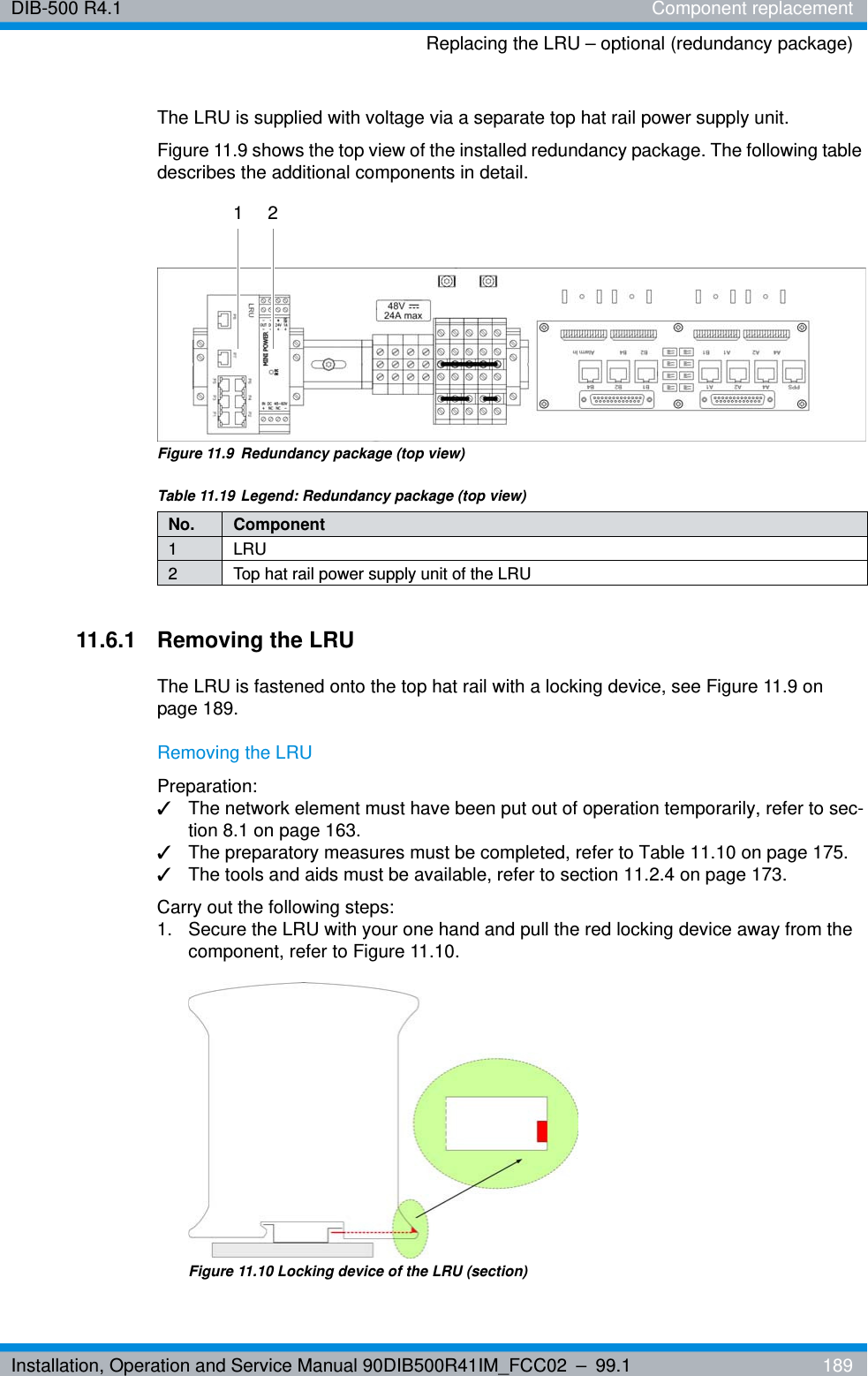 Installation, Operation and Service Manual 90DIB500R41IM_FCC02 – 99.1  189DIB-500 R4.1 Component replacementReplacing the LRU – optional (redundancy package)The LRU is supplied with voltage via a separate top hat rail power supply unit.Figure 11.9 shows the top view of the installed redundancy package. The following table describes the additional components in detail.Figure 11.9  Redundancy package (top view)11.6.1 Removing the LRUThe LRU is fastened onto the top hat rail with a locking device, see Figure 11.9 on page 189.Removing the LRUPreparation:✓The network element must have been put out of operation temporarily, refer to sec-tion 8.1 on page 163.✓The preparatory measures must be completed, refer to Table 11.10 on page 175.✓The tools and aids must be available, refer to section 11.2.4 on page 173.Carry out the following steps:1.  Secure the LRU with your one hand and pull the red locking device away from the component, refer to Figure 11.10.Figure 11.10 Locking device of the LRU (section)Table 11.19 Legend: Redundancy package (top view)No. Component1LRU2 Top hat rail power supply unit of the LRU1 2