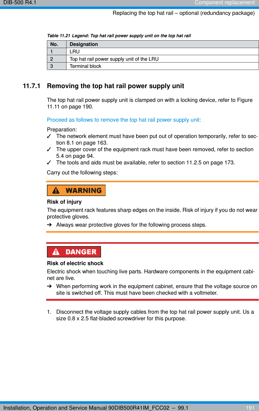 Installation, Operation and Service Manual 90DIB500R41IM_FCC02 – 99.1  191DIB-500 R4.1 Component replacementReplacing the top hat rail – optional (redundancy package)11.7.1 Removing the top hat rail power supply unitThe top hat rail power supply unit is clamped on with a locking device, refer to Figure 11.11 on page 190.Proceed as follows to remove the top hat rail power supply unit:Preparation:✓The network element must have been put out of operation temporarily, refer to sec-tion 8.1 on page 163.✓The upper cover of the equipment rack must have been removed, refer to section 5.4 on page 94.✓The tools and aids must be available, refer to section 11.2.5 on page 173.Carry out the following steps:Risk of injuryThe equipment rack features sharp edges on the inside. Risk of injury if you do not wear protective gloves.➔Always wear protective gloves for the following process steps.Risk of electric shockElectric shock when touching live parts. Hardware components in the equipment cabi-net are live.➔When performing work in the equipment cabinet, ensure that the voltage source on site is switched off. This must have been checked with a voltmeter.1.  Disconnect the voltage supply cables from the top hat rail power supply unit. Us a size 0.8 x 2.5 flat-bladed screwdriver for this purpose.Table 11.21 Legend: Top hat rail power supply unit on the top hat railNo. Designation1LRU2 Top hat rail power supply unit of the LRU3 Terminal block