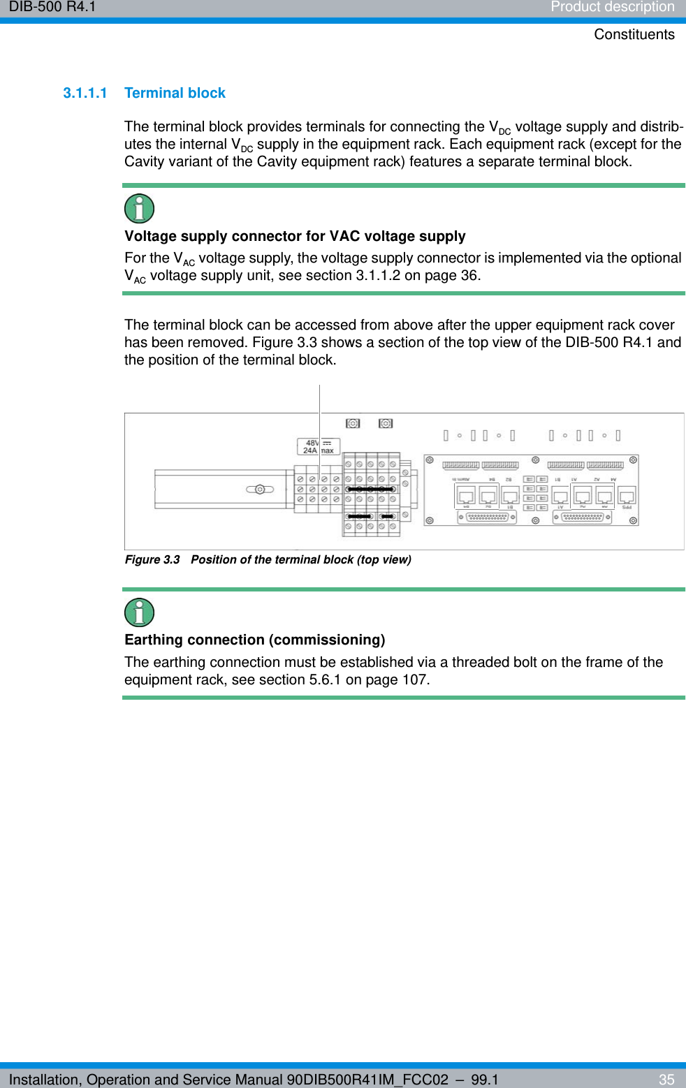 Installation, Operation and Service Manual 90DIB500R41IM_FCC02 – 99.1  35DIB-500 R4.1 Product descriptionConstituents3.1.1.1 Terminal blockThe terminal block provides terminals for connecting the VDC voltage supply and distrib-utes the internal VDC supply in the equipment rack. Each equipment rack (except for the Cavity variant of the Cavity equipment rack) features a separate terminal block.Voltage supply connector for VAC voltage supplyFor the VAC voltage supply, the voltage supply connector is implemented via the optional VAC voltage supply unit, see section 3.1.1.2 on page 36.The terminal block can be accessed from above after the upper equipment rack cover has been removed. Figure 3.3 shows a section of the top view of the DIB-500 R4.1 and the position of the terminal block.Figure 3.3  Position of the terminal block (top view)Earthing connection (commissioning)The earthing connection must be established via a threaded bolt on the frame of the equipment rack, see section 5.6.1 on page 107.