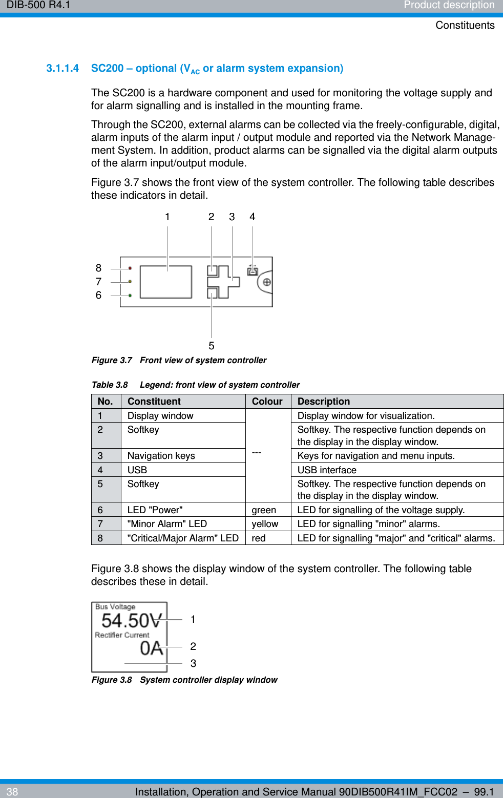 DIB-500 R4.1 Product descriptionConstituents38 Installation, Operation and Service Manual 90DIB500R41IM_FCC02 – 99.13.1.1.4 SC200 – optional (VAC or alarm system expansion)The SC200 is a hardware component and used for monitoring the voltage supply and for alarm signalling and is installed in the mounting frame.Through the SC200, external alarms can be collected via the freely-configurable, digital, alarm inputs of the alarm input / output module and reported via the Network Manage-ment System. In addition, product alarms can be signalled via the digital alarm outputs of the alarm input/output module.Figure 3.7 shows the front view of the system controller. The following table describes these indicators in detail.Figure 3.7  Front view of system controllerFigure 3.8 shows the display window of the system controller. The following table describes these in detail.Figure 3.8  System controller display windowTable 3.8  Legend: front view of system controllerNo. Constituent Colour Description1 Display window---Display window for visualization.2 Softkey Softkey. The respective function depends on the display in the display window.3 Navigation keys Keys for navigation and menu inputs.4 USB USB interface5 Softkey Softkey. The respective function depends on the display in the display window.6 LED &quot;Power&quot; green LED for signalling of the voltage supply.7 &quot;Minor Alarm&quot; LED yellow LED for signalling &quot;minor&quot; alarms.8 &quot;Critical/Major Alarm&quot; LED red LED for signalling &quot;major&quot; and &quot;critical&quot; alarms.21 358764123