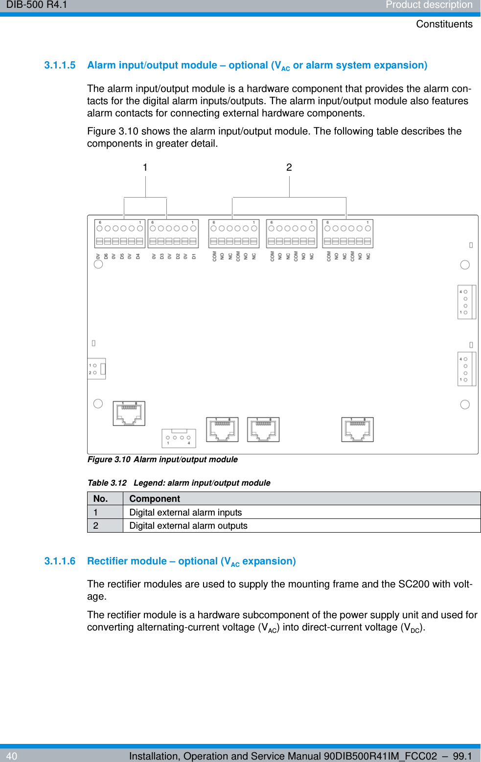 DIB-500 R4.1 Product descriptionConstituents40 Installation, Operation and Service Manual 90DIB500R41IM_FCC02 – 99.13.1.1.5 Alarm input/output module – optional (VAC or alarm system expansion)The alarm input/output module is a hardware component that provides the alarm con-tacts for the digital alarm inputs/outputs. The alarm input/output module also features alarm contacts for connecting external hardware components. Figure 3.10 shows the alarm input/output module. The following table describes the components in greater detail.Figure 3.10 Alarm input/output module3.1.1.6 Rectifier module – optional (VAC expansion)The rectifier modules are used to supply the mounting frame and the SC200 with volt-age. The rectifier module is a hardware subcomponent of the power supply unit and used for converting alternating-current voltage (VAC) into direct-current voltage (VDC). Table 3.12  Legend: alarm input/output moduleNo. Component1 Digital external alarm inputs2 Digital external alarm outputs1 2