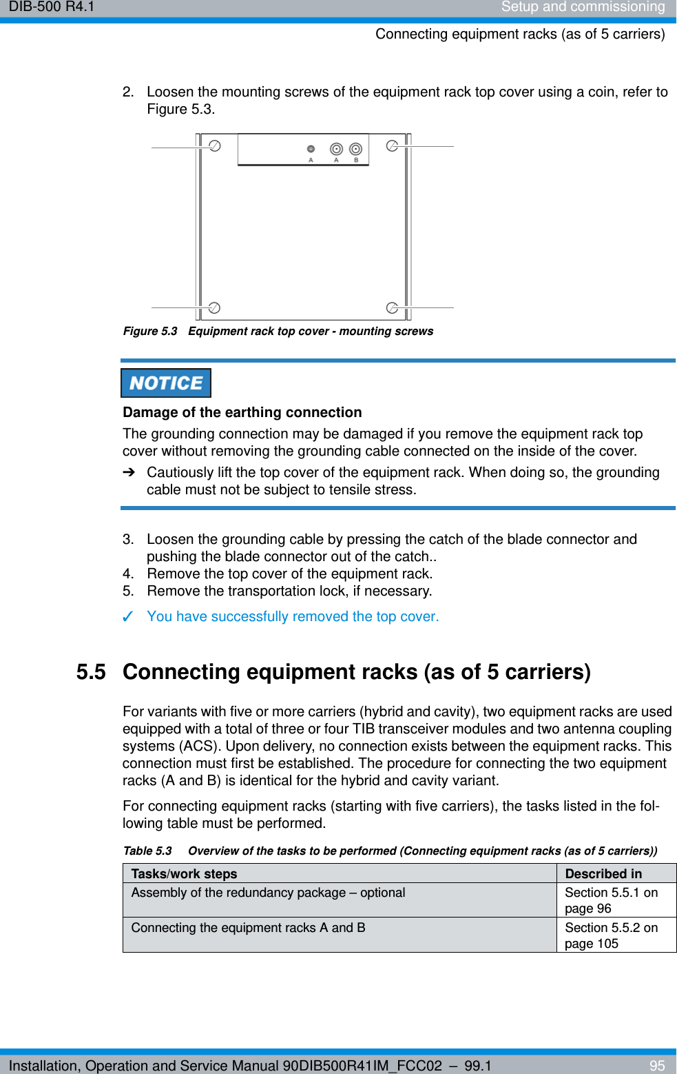 Installation, Operation and Service Manual 90DIB500R41IM_FCC02 – 99.1  95DIB-500 R4.1 Setup and commissioningConnecting equipment racks (as of 5 carriers)2.  Loosen the mounting screws of the equipment rack top cover using a coin, refer to Figure 5.3.Figure 5.3  Equipment rack top cover - mounting screwsDamage of the earthing connectionThe grounding connection may be damaged if you remove the equipment rack top cover without removing the grounding cable connected on the inside of the cover.➔Cautiously lift the top cover of the equipment rack. When doing so, the grounding cable must not be subject to tensile stress.3.  Loosen the grounding cable by pressing the catch of the blade connector and pushing the blade connector out of the catch..4.  Remove the top cover of the equipment rack.5.  Remove the transportation lock, if necessary.✓You have successfully removed the top cover.5.5 Connecting equipment racks (as of 5 carriers)For variants with five or more carriers (hybrid and cavity), two equipment racks are used equipped with a total of three or four TIB transceiver modules and two antenna coupling systems (ACS). Upon delivery, no connection exists between the equipment racks. This connection must first be established. The procedure for connecting the two equipment racks (A and B) is identical for the hybrid and cavity variant.For connecting equipment racks (starting with five carriers), the tasks listed in the fol-lowing table must be performed.Table 5.3  Overview of the tasks to be performed (Connecting equipment racks (as of 5 carriers))Tasks/work steps Described inAssembly of the redundancy package – optional Section 5.5.1 on page 96Connecting the equipment racks A and B Section 5.5.2 on page 105