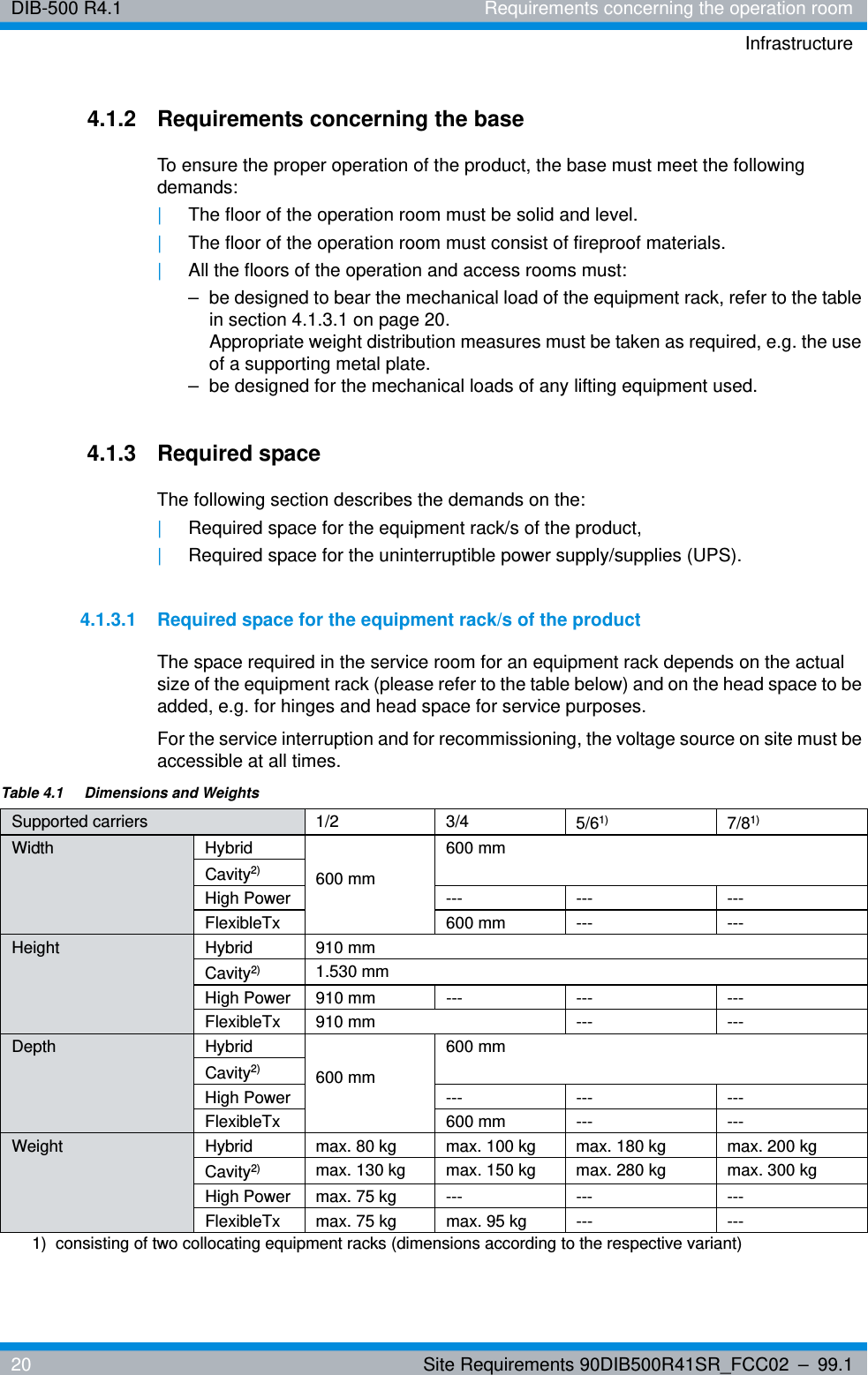 DIB-500 R4.1 Requirements concerning the operation roomInfrastructure20 Site Requirements 90DIB500R41SR_FCC02 – 99.14.1.2 Requirements concerning the baseTo ensure the proper operation of the product, the base must meet the following demands:|The floor of the operation room must be solid and level.|The floor of the operation room must consist of fireproof materials.|All the floors of the operation and access rooms must: – be designed to bear the mechanical load of the equipment rack, refer to the table in section 4.1.3.1 on page 20. Appropriate weight distribution measures must be taken as required, e.g. the use of a supporting metal plate. – be designed for the mechanical loads of any lifting equipment used.4.1.3 Required spaceThe following section describes the demands on the:|Required space for the equipment rack/s of the product,|Required space for the uninterruptible power supply/supplies (UPS).4.1.3.1 Required space for the equipment rack/s of the productThe space required in the service room for an equipment rack depends on the actual size of the equipment rack (please refer to the table below) and on the head space to be added, e.g. for hinges and head space for service purposes.For the service interruption and for recommissioning, the voltage source on site must be accessible at all times.Table 4.1  Dimensions and WeightsSupported carriers 1/2 3/4 5/61)  7/81)Width Hybrid600 mm600 mmCavity2) High Power --- --- ---FlexibleTx 600 mm --- ---Height Hybrid 910 mmCavity2) 1.530 mmHigh Power 910 mm --- --- ---FlexibleTx 910 mm --- ---Depth Hybrid600 mm600 mmCavity2)High Power --- --- ---FlexibleTx 600 mm --- ---Weight Hybrid max. 80 kg max. 100 kg max. 180 kg max. 200 kgCavity2) max. 130 kg max. 150 kg max. 280 kg  max. 300 kgHigh Power max. 75 kg --- --- ---FlexibleTx max. 75 kg max. 95 kg --- ---1)  consisting of two collocating equipment racks (dimensions according to the respective variant)