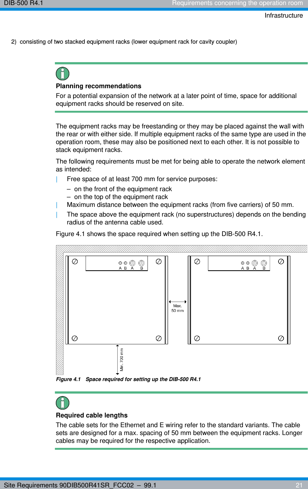 Site Requirements 90DIB500R41SR_FCC02 – 99.1  21DIB-500 R4.1 Requirements concerning the operation roomInfrastructurePlanning recommendationsFor a potential expansion of the network at a later point of time, space for additional equipment racks should be reserved on site.The equipment racks may be freestanding or they may be placed against the wall with the rear or with either side. If multiple equipment racks of the same type are used in the operation room, these may also be positioned next to each other. It is not possible to stack equipment racks.The following requirements must be met for being able to operate the network element as intended:|Free space of at least 700 mm for service purposes:– on the front of the equipment rack– on the top of the equipment rack|Maximum distance between the equipment racks (from five carriers) of 50 mm.|The space above the equipment rack (no superstructures) depends on the bending radius of the antenna cable used.Figure 4.1 shows the space required when setting up the DIB-500 R4.1.Figure 4.1  Space required for setting up the DIB-500 R4.1Required cable lengthsThe cable sets for the Ethernet and E wiring refer to the standard variants. The cable sets are designed for a max. spacing of 50 mm between the equipment racks. Longer cables may be required for the respective application. 2)  consisting of two stacked equipment racks (lower equipment rack for cavity coupler)